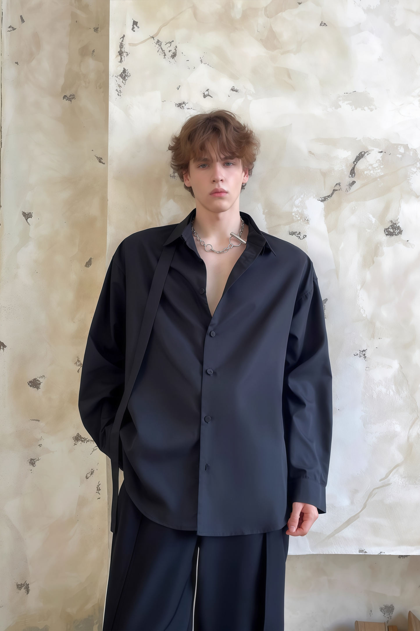 Nicolas black tie-strap-collar shirt