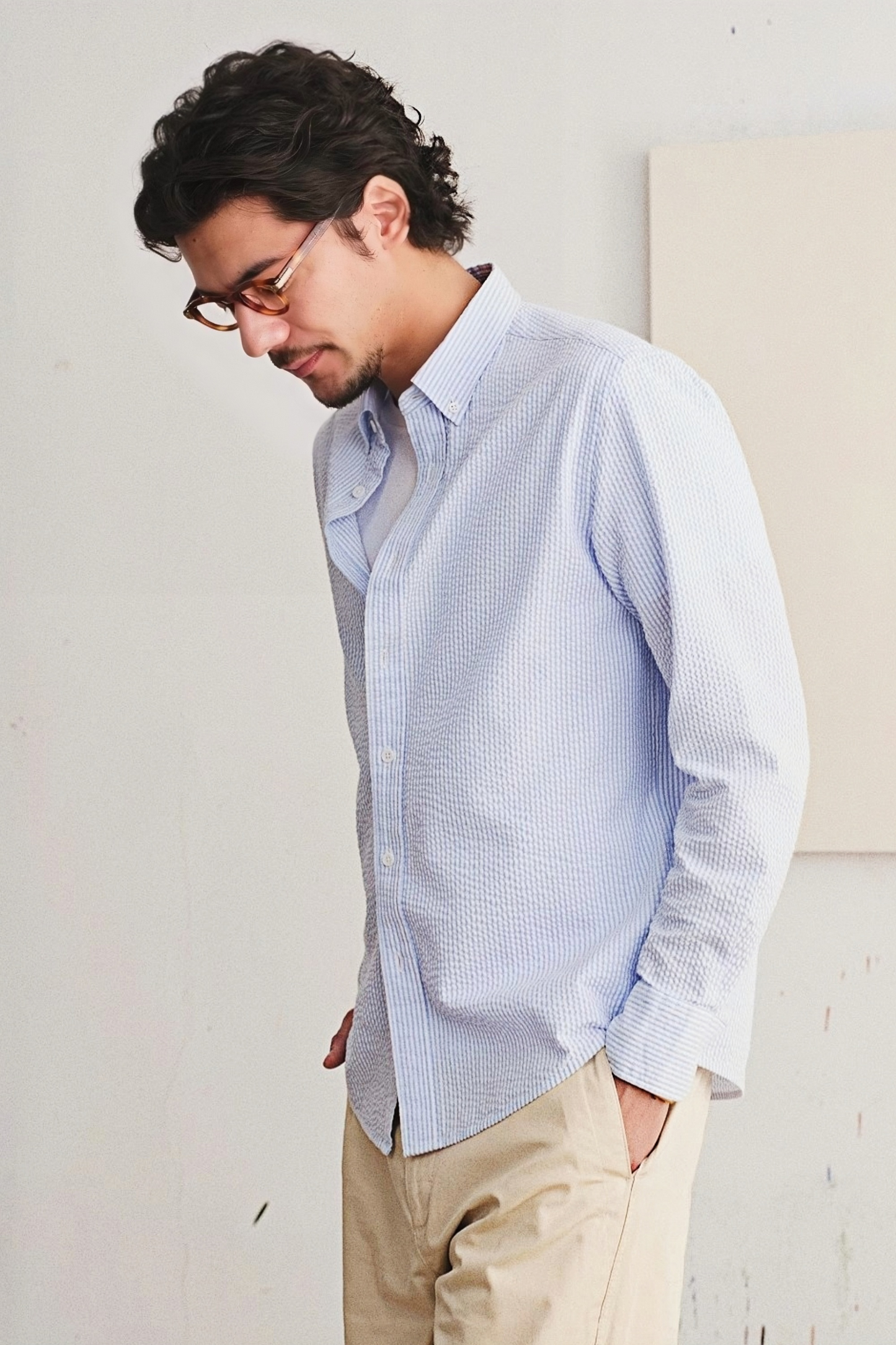 Stian light-blue stripe-pattern seersucker shirt