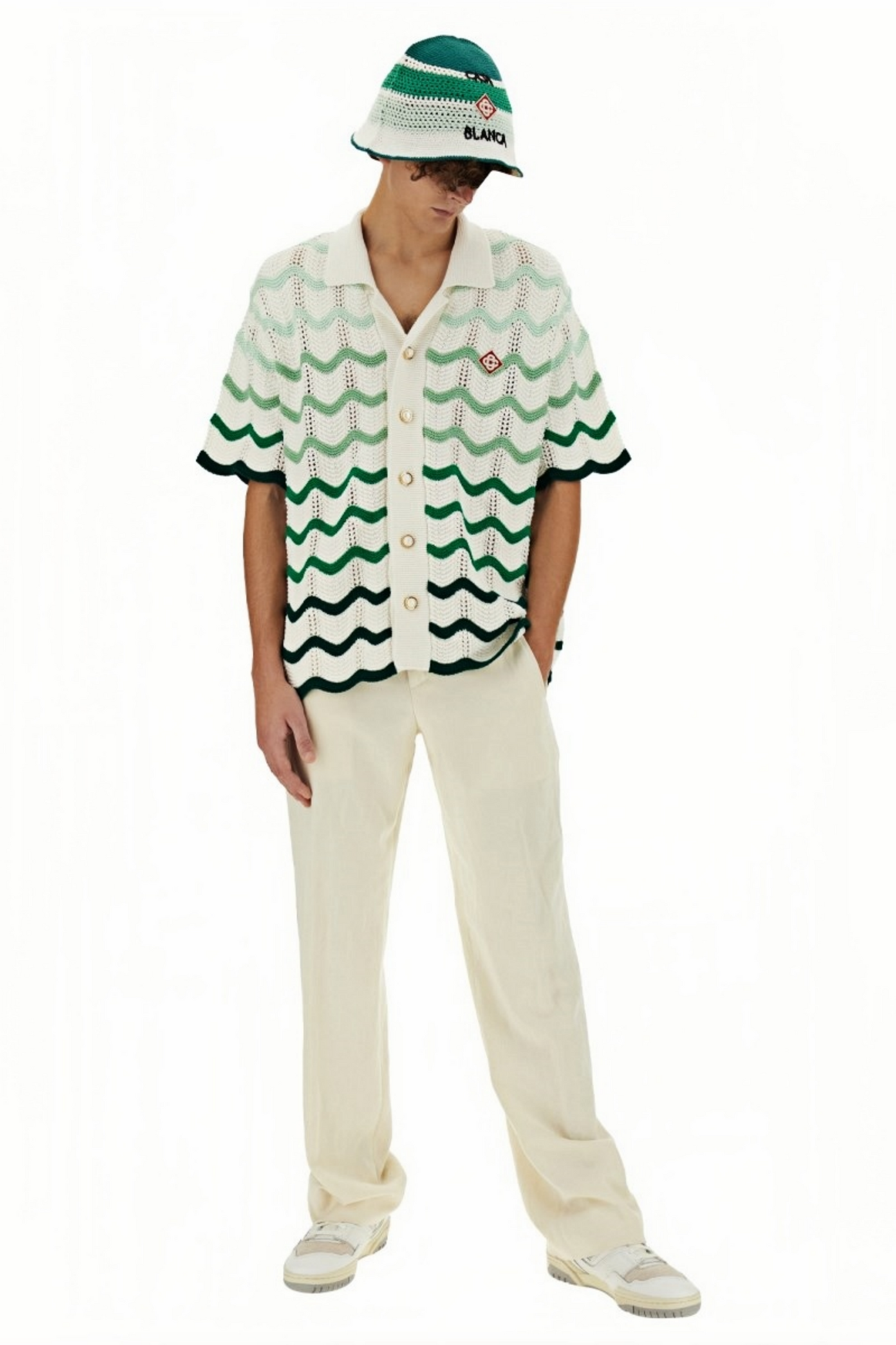Mark green wave pattern knit short-sleeved cardigan