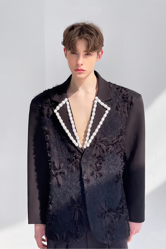 Amir black floral faux-pearl embellishment blazer