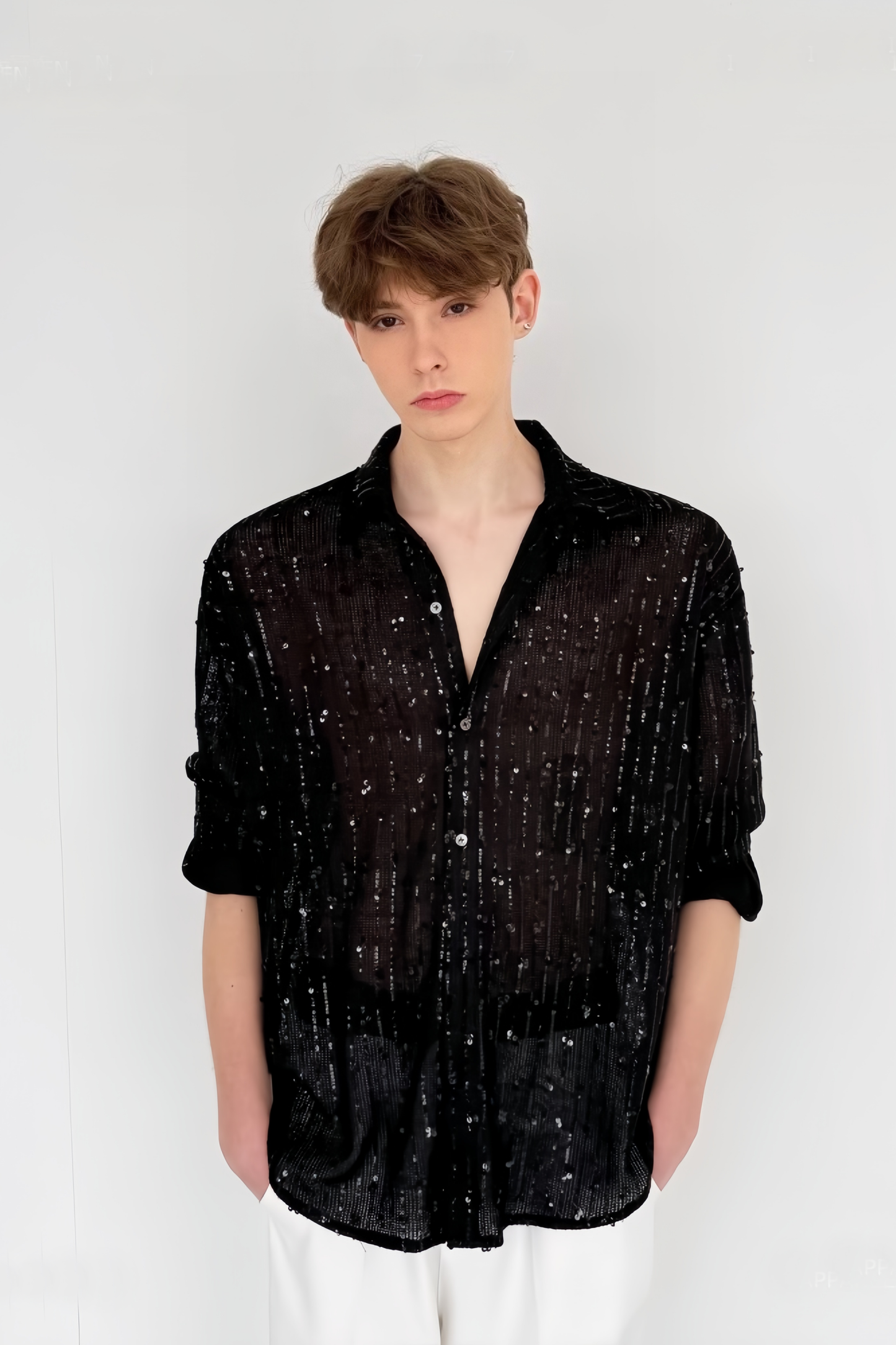 Youssef Black Sequin-embellishment Top & Shirt Suit