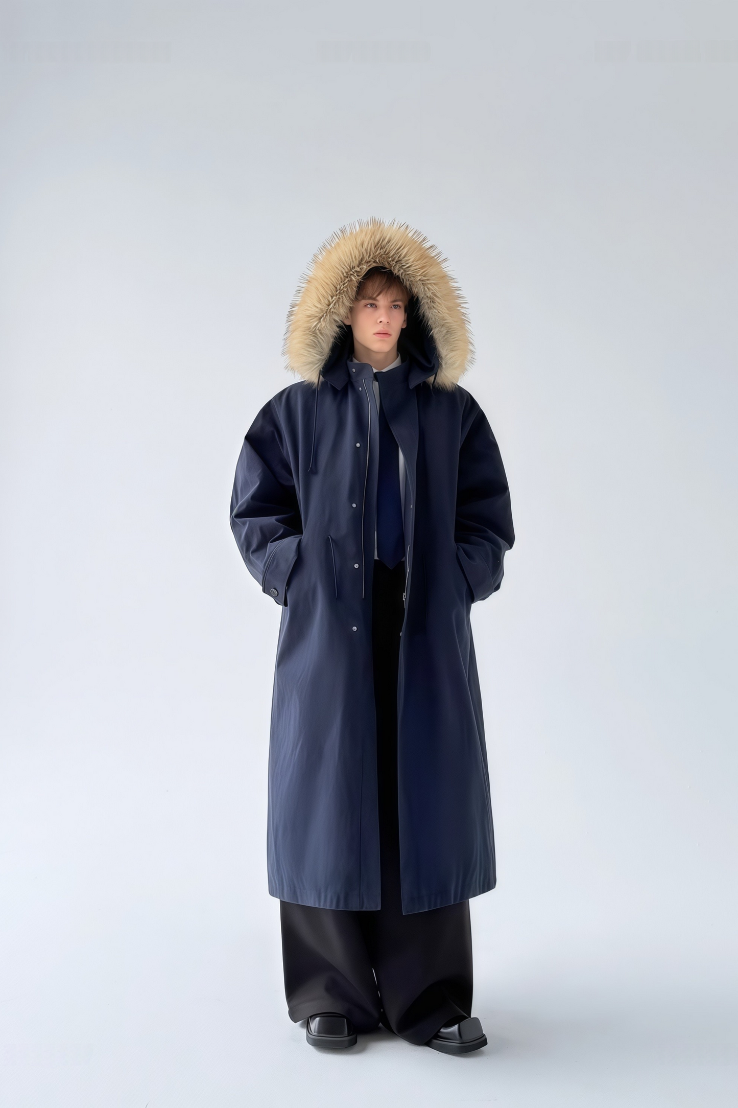 Armand blue faux-fur trim maxi coat