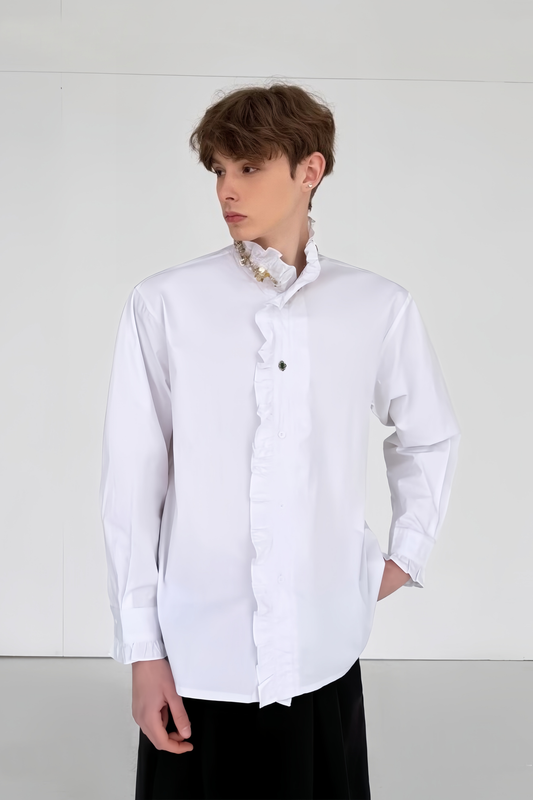 Yoris white floral-appliqué crystal-embellishment shirt
