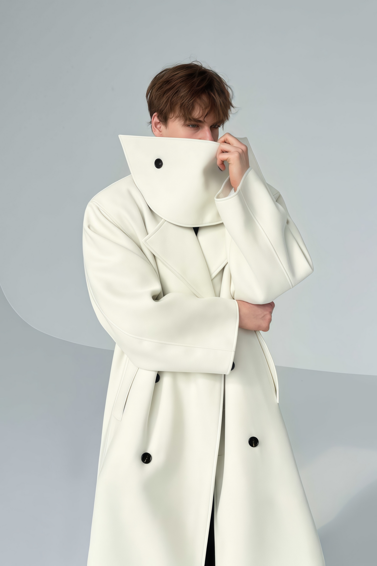 Eugene white detachable-scarf maxi coat