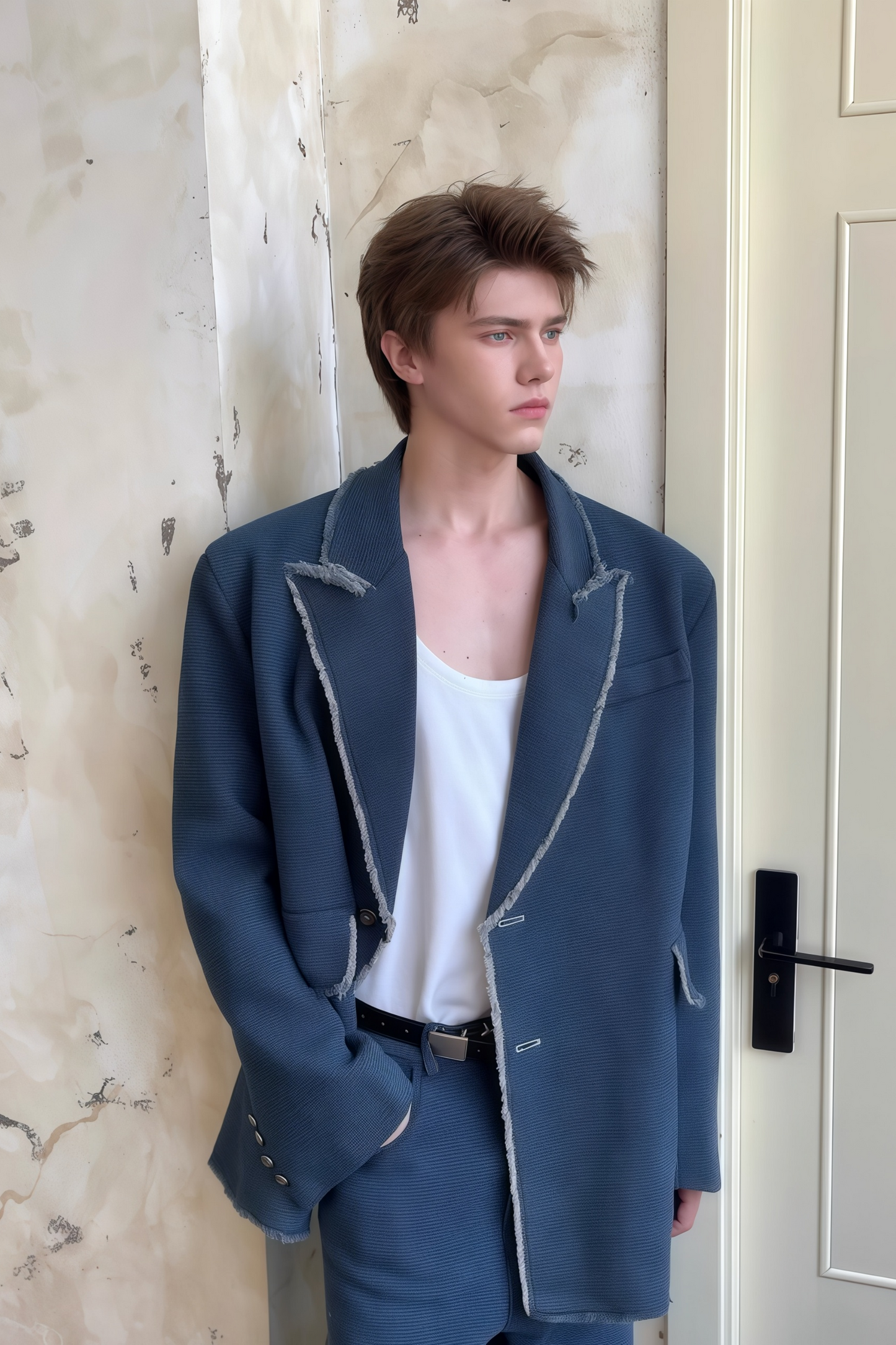 Theon blue frayed-detailing washed denim blazer