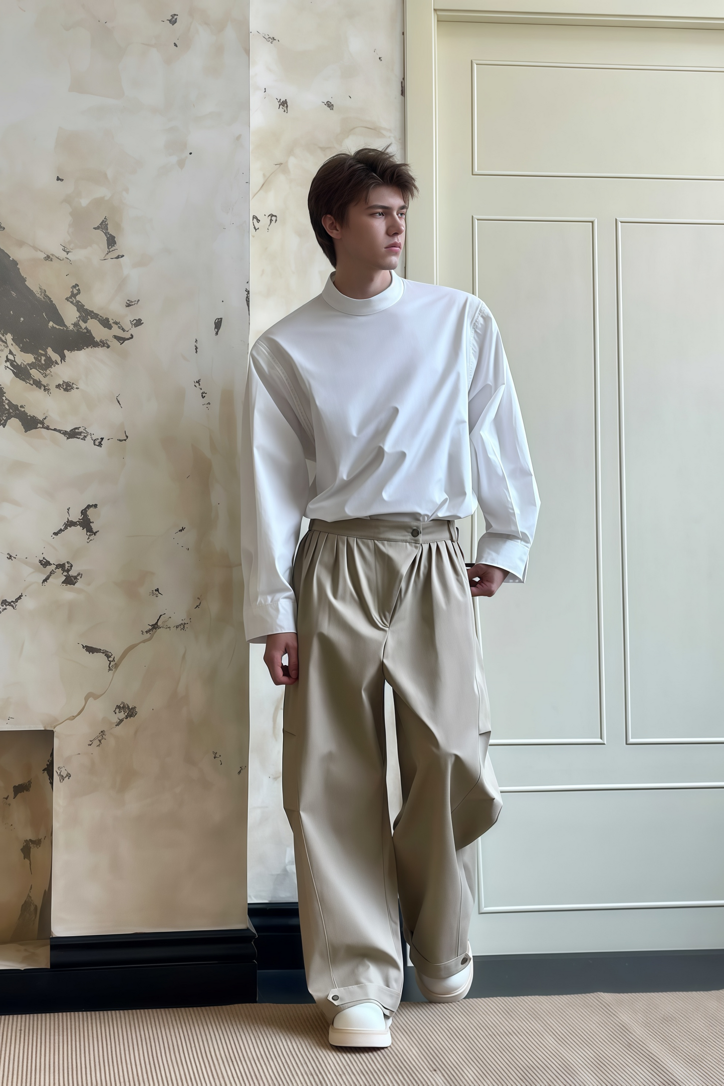 Pierre khaki pleated wide-leg trousers