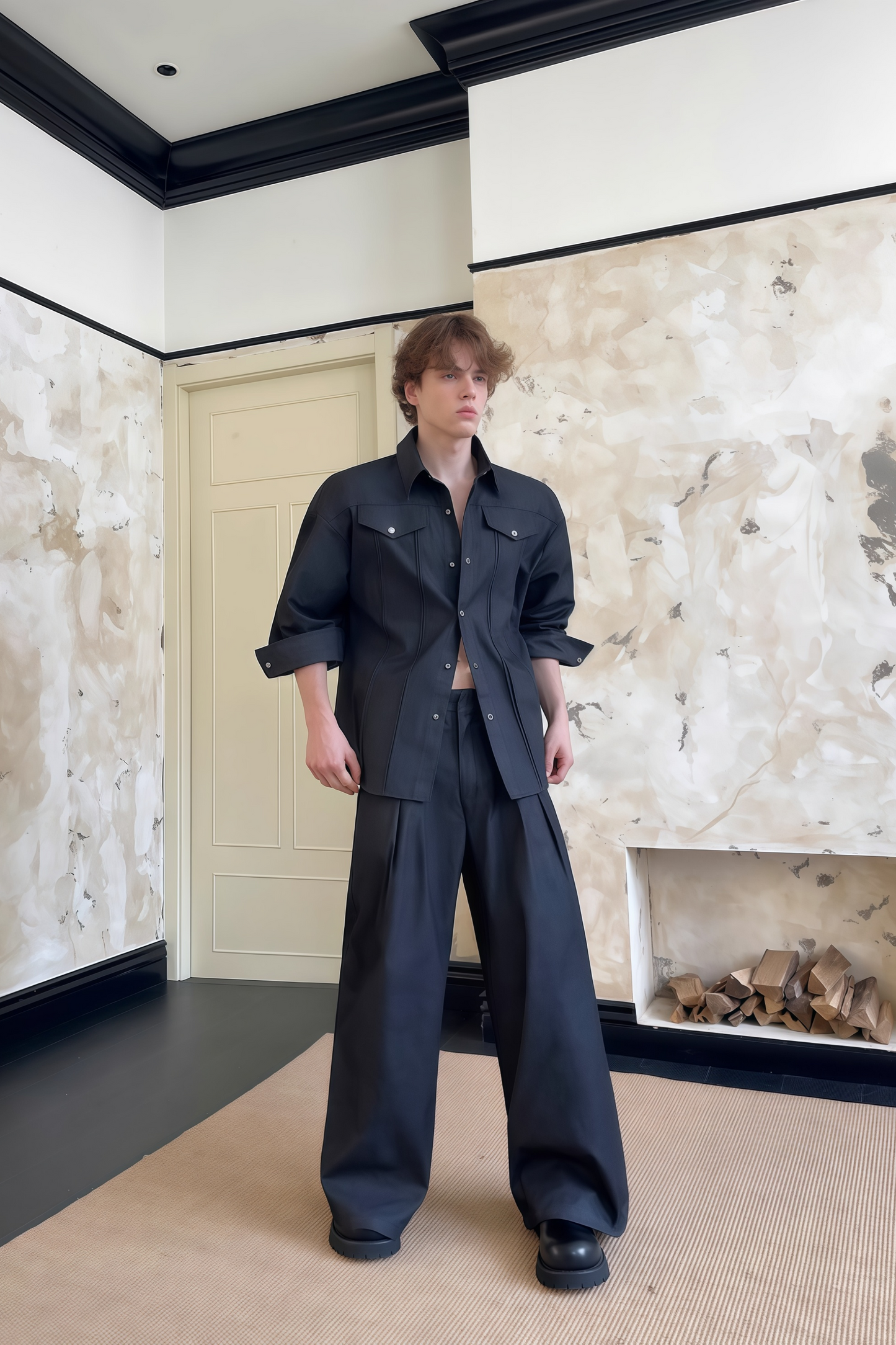 Ellis black denim shirt & trousers matching set