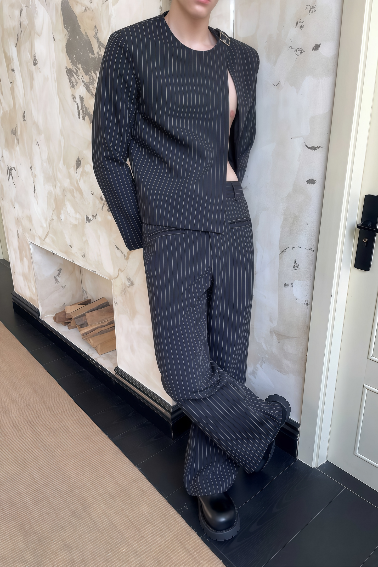 Viktor black asymmetric cut-out suit