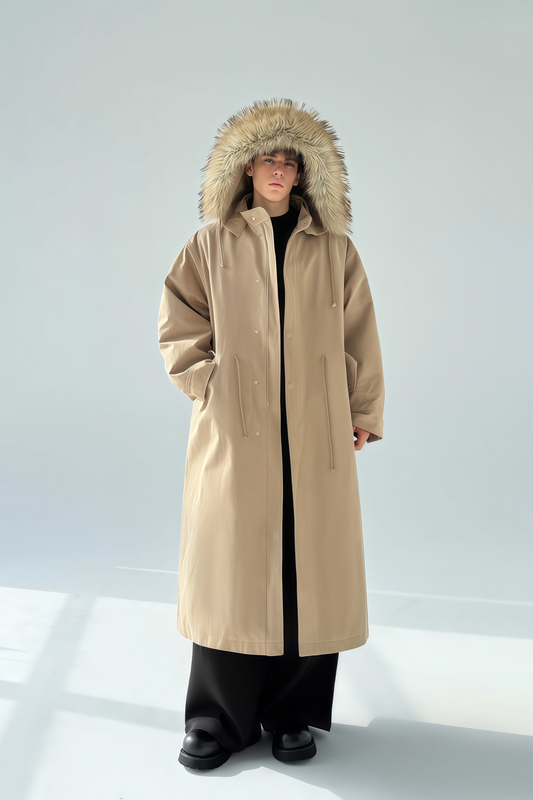Armand khaki faux-fur trim maxi coat