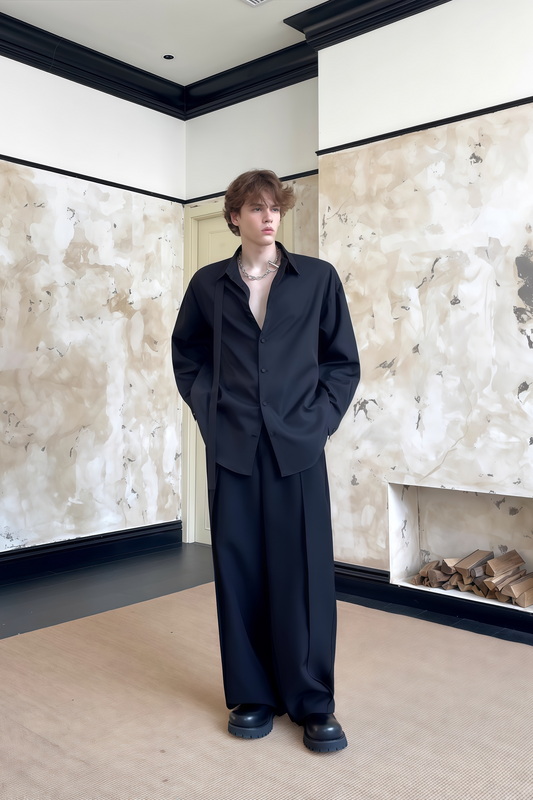 Nicolas black tie-strap-collar shirt