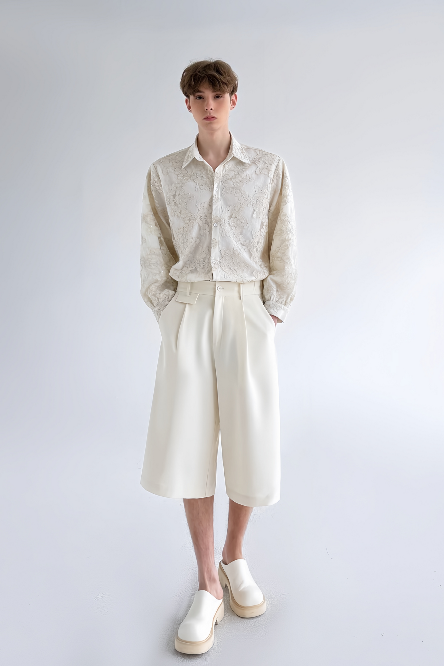 Bastien white double-layer floral-embroidered long sleeves shirt