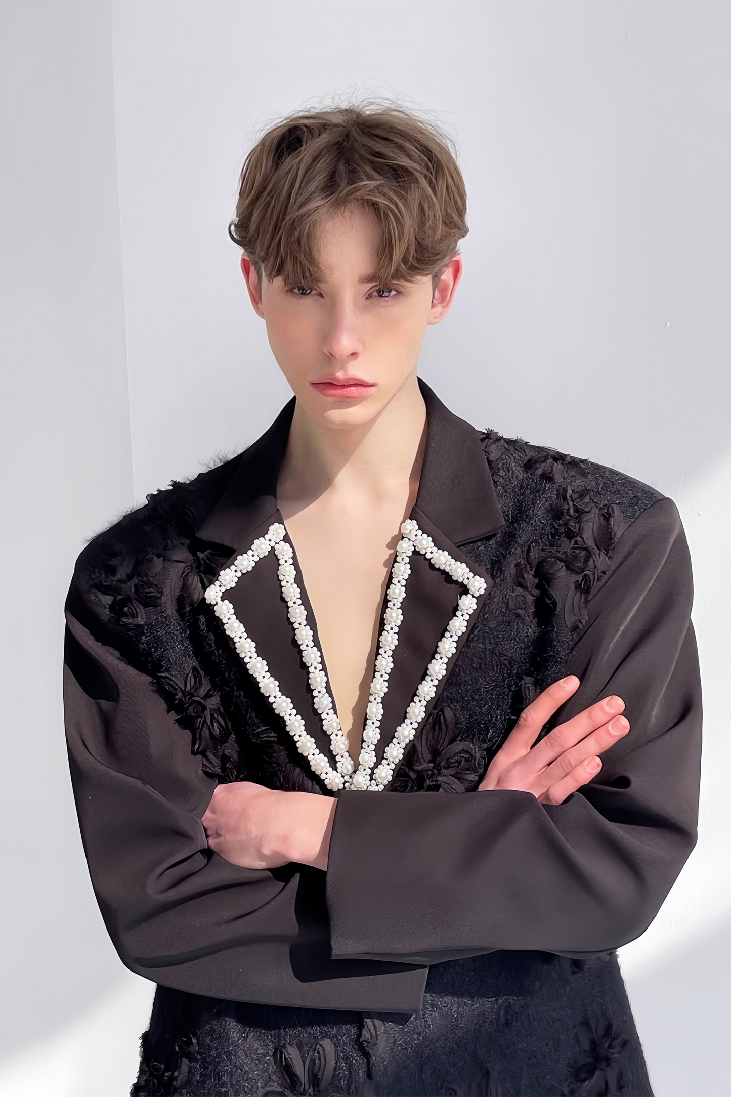 Amir black floral faux-pearl embellishment blazer