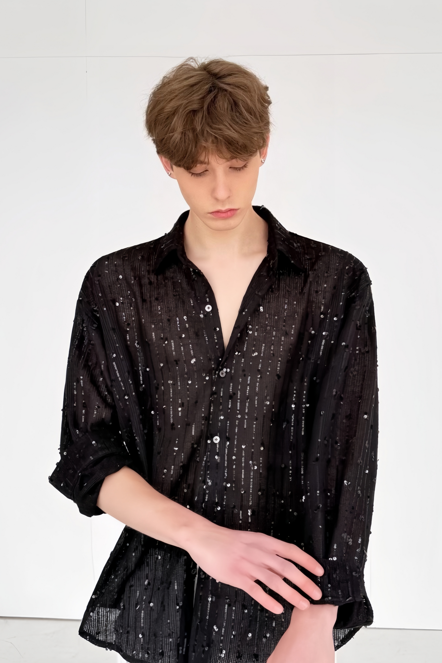 Youssef Black Sequin-embellishment Top & Shirt Suit