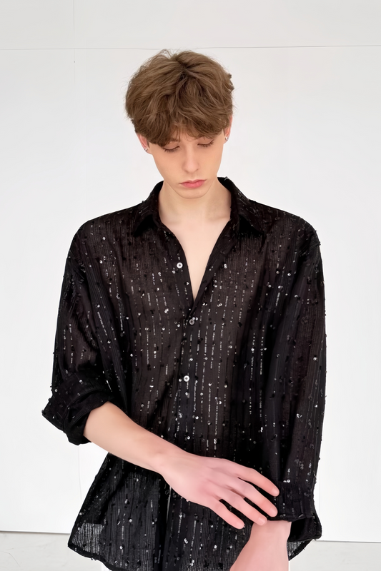 Youssef Black Sequin-embellishment Top & Shirt Suit