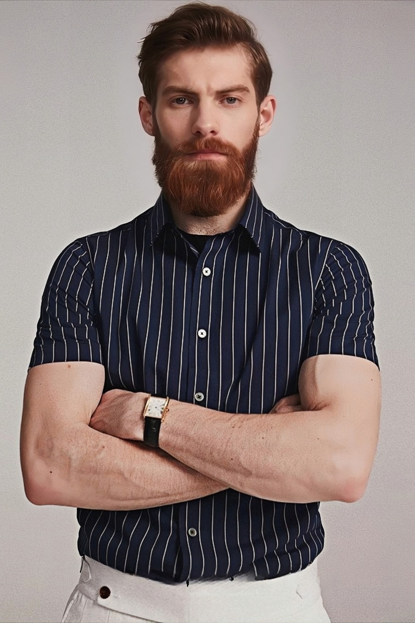 Fenrir navy blue stripe-pattern spread-collar shirt