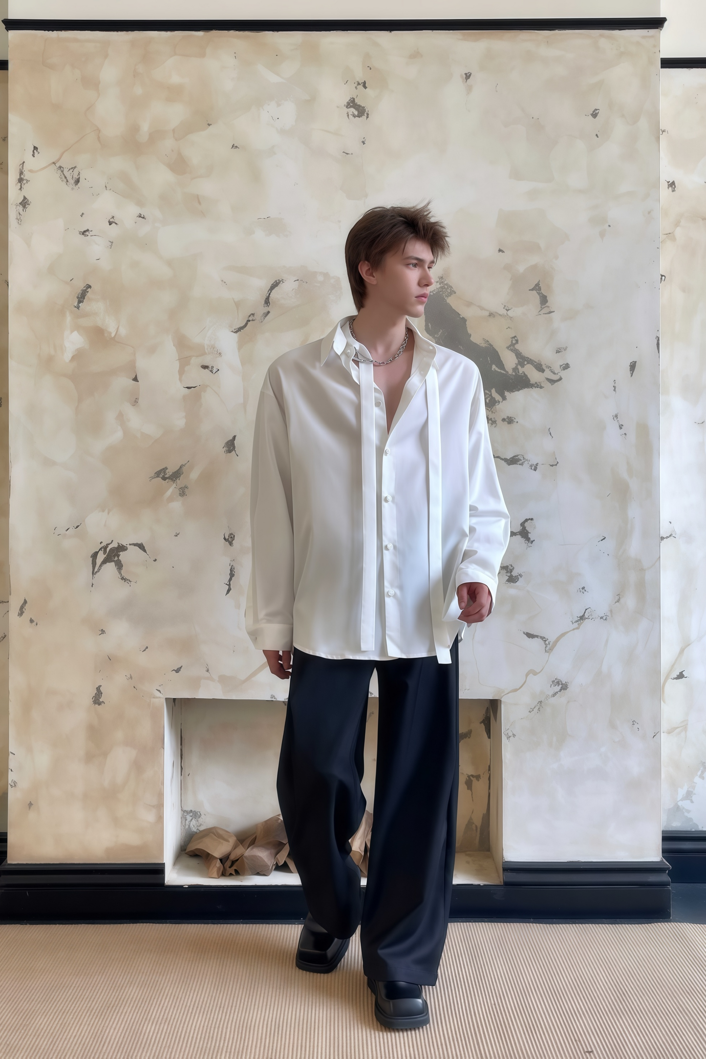 Nicolas white tie-strap-collar shirt