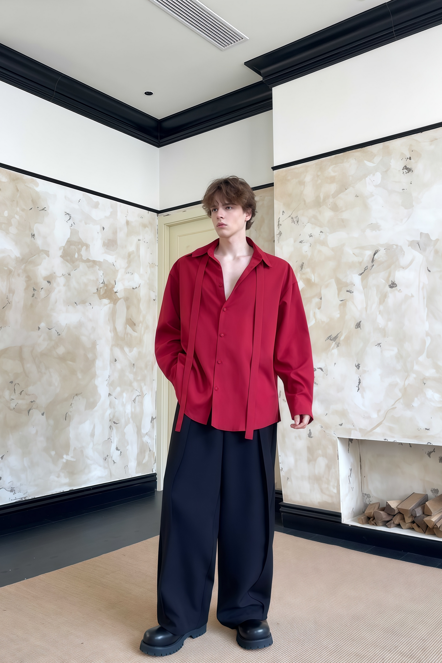 Nicolas red tie-strap-collar shirt