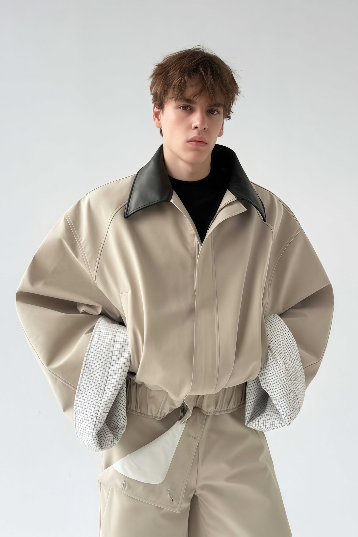 Ragnar khaki patchwork-collar large-cuff cropped jacket