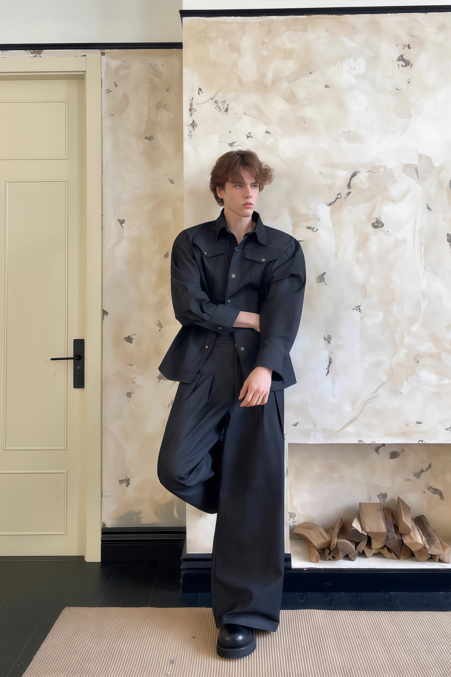 Ellis black denim shirt & trousers matching set