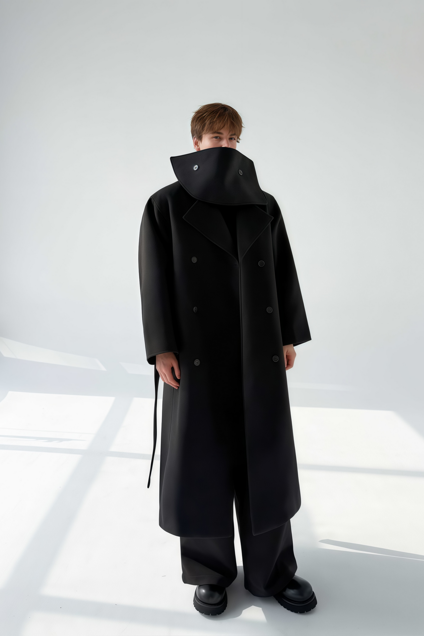 Eugene black detachable-scarf maxi coat