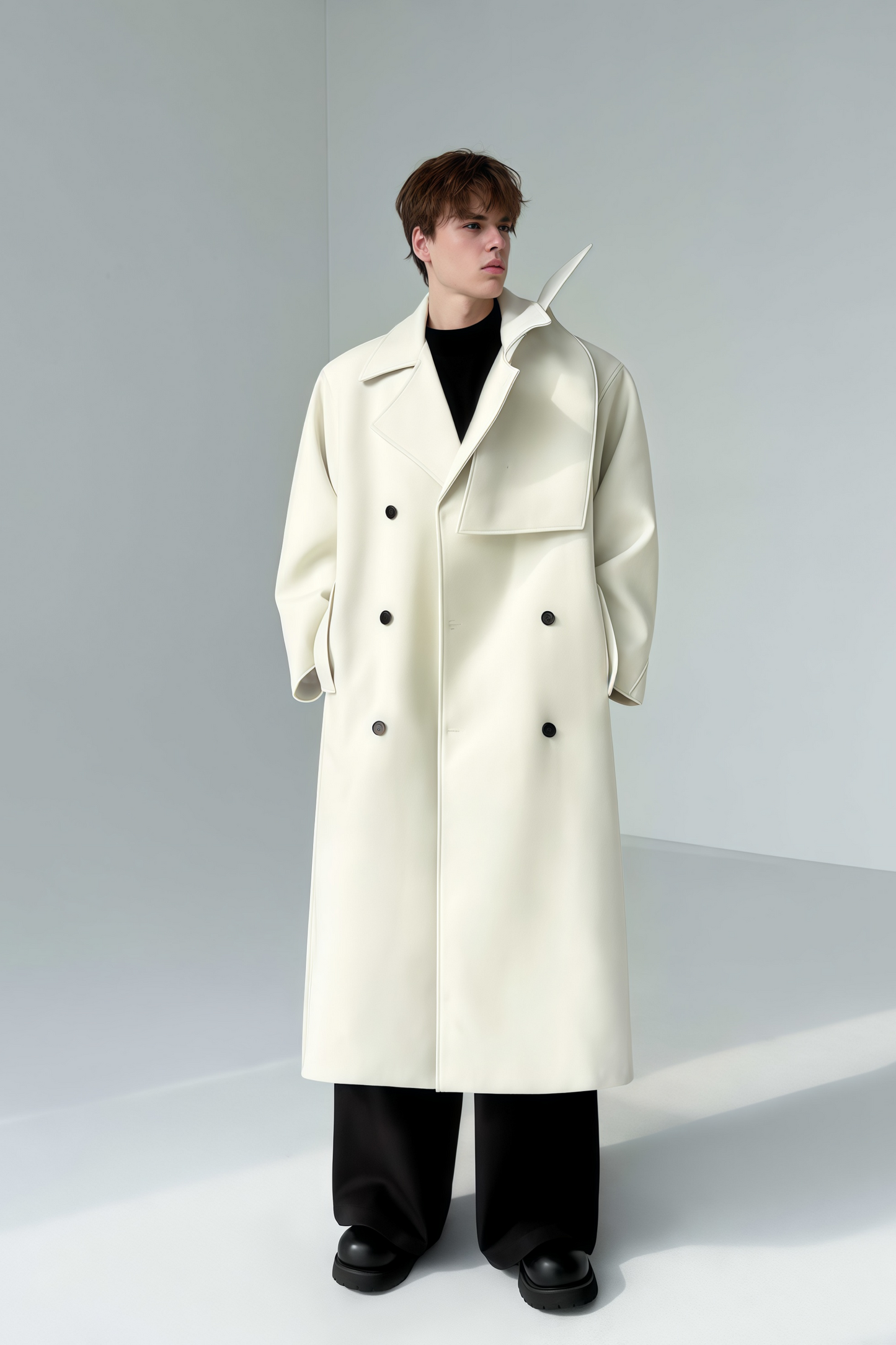 Eugene white detachable-scarf maxi coat