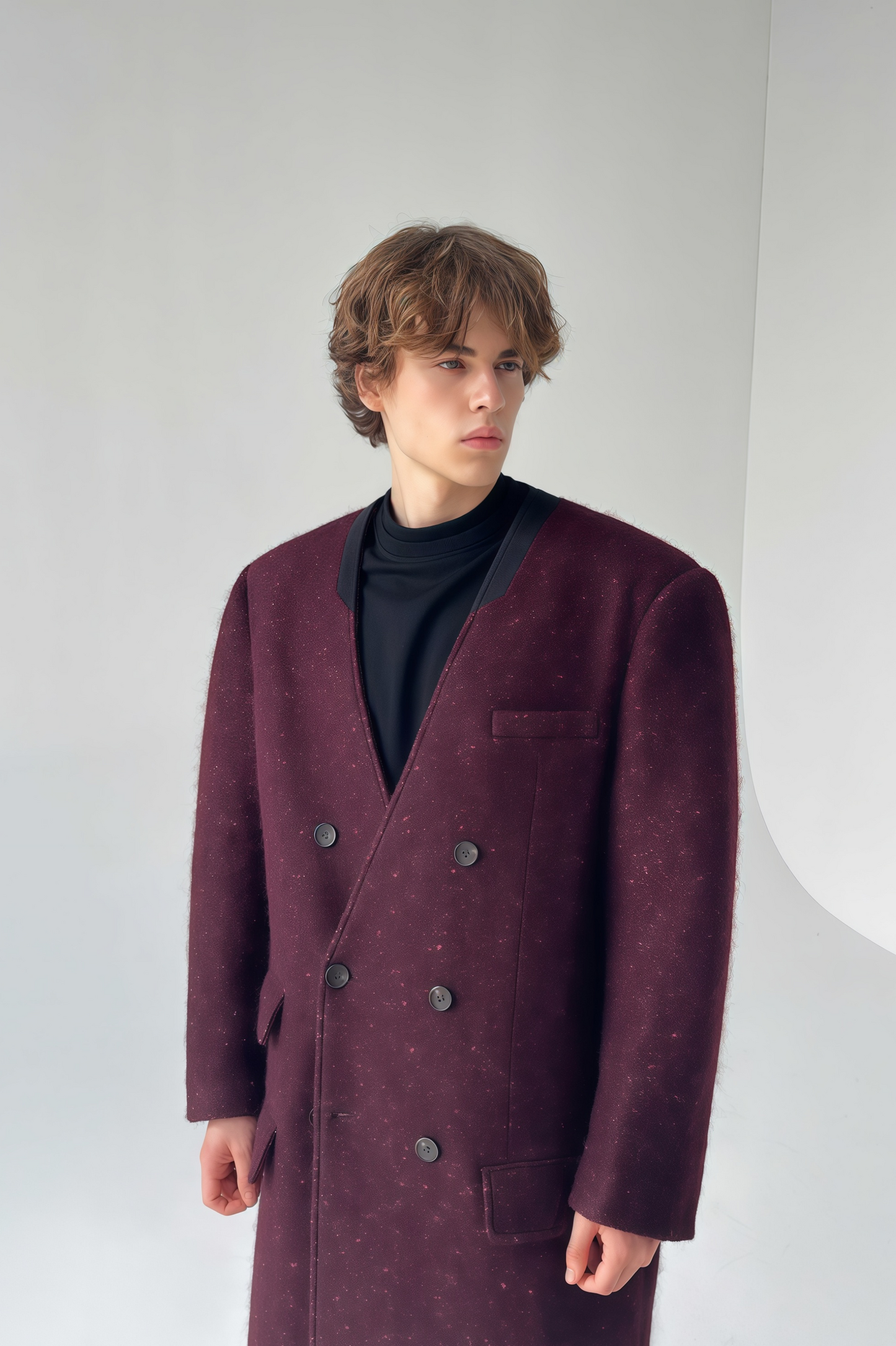 Elias wine-red collarless maxi coat
