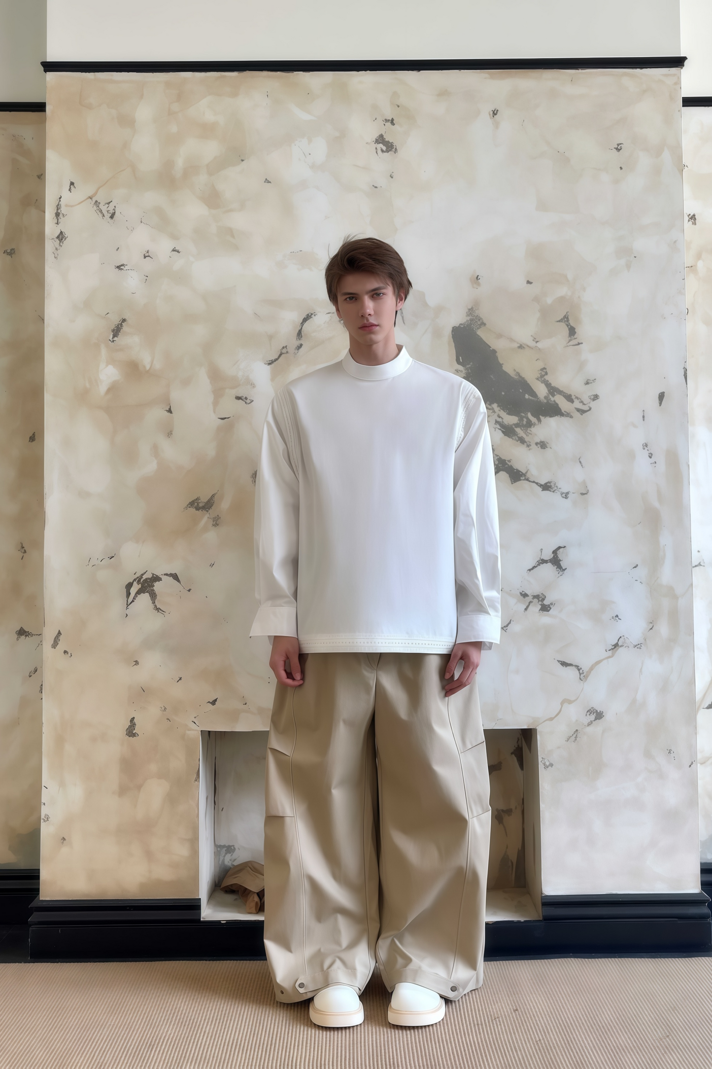 Pierre khaki pleated wide-leg trousers
