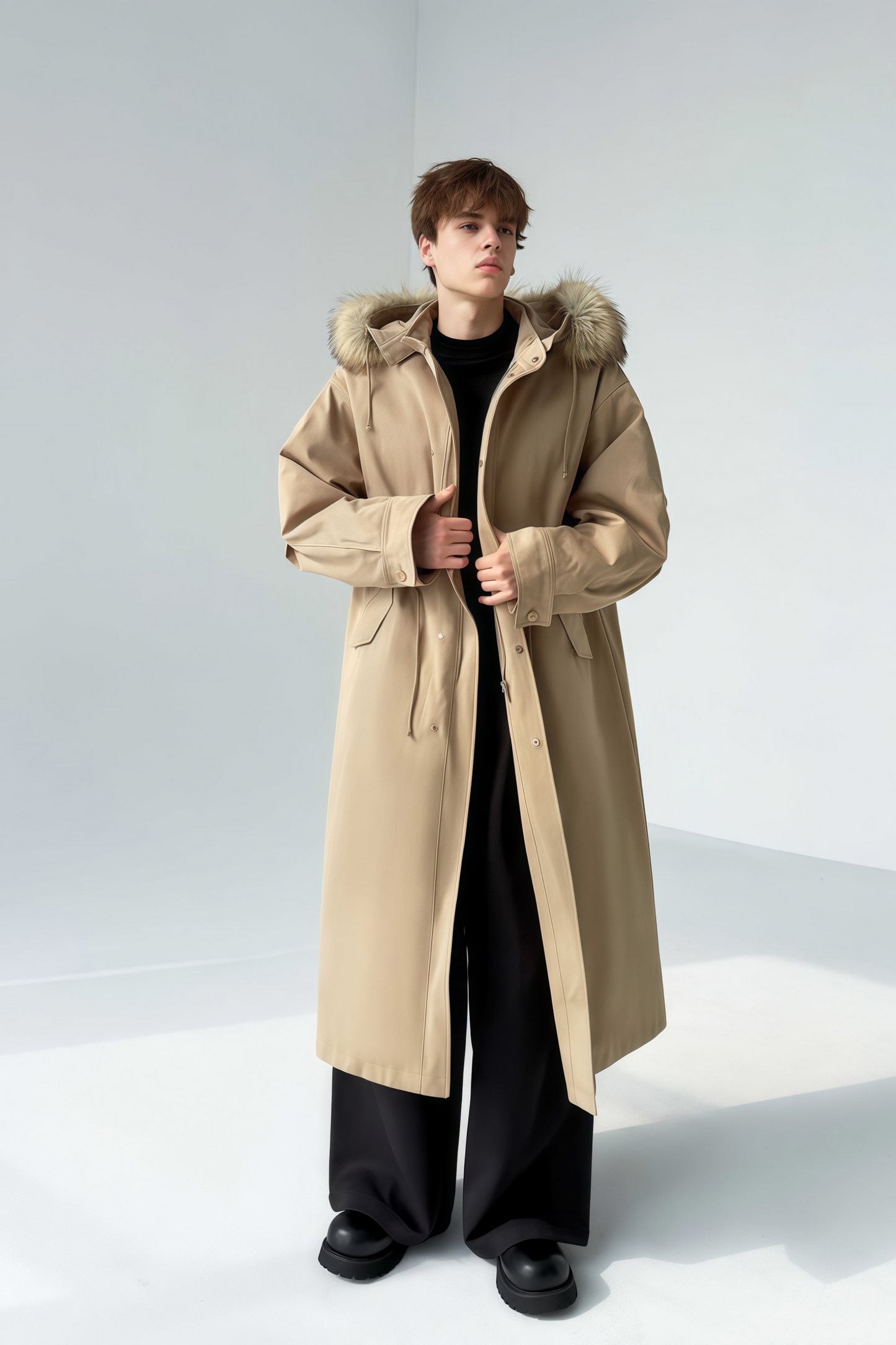 Armand khaki faux-fur trim maxi coat