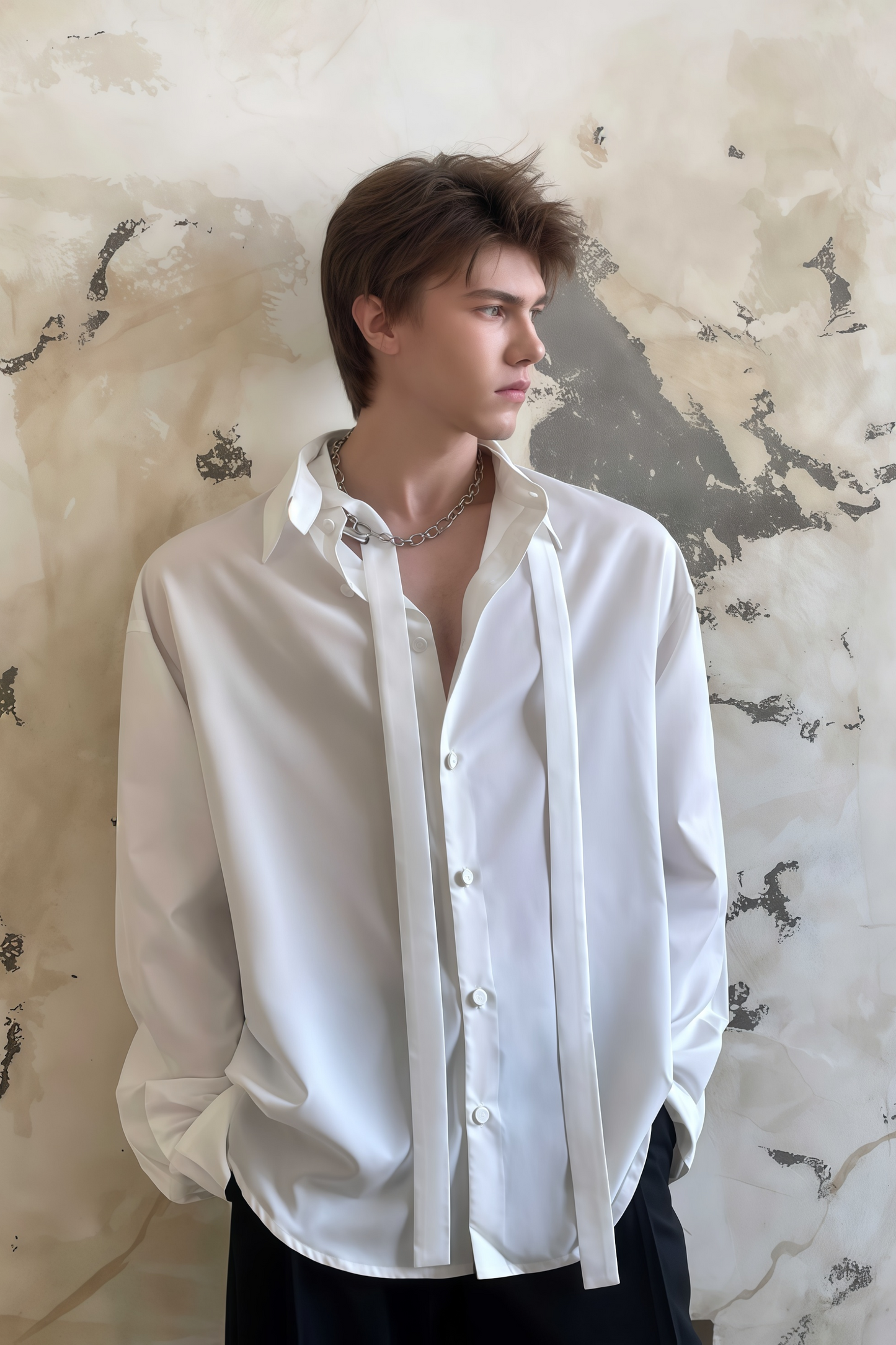 Nicolas white tie-strap-collar shirt