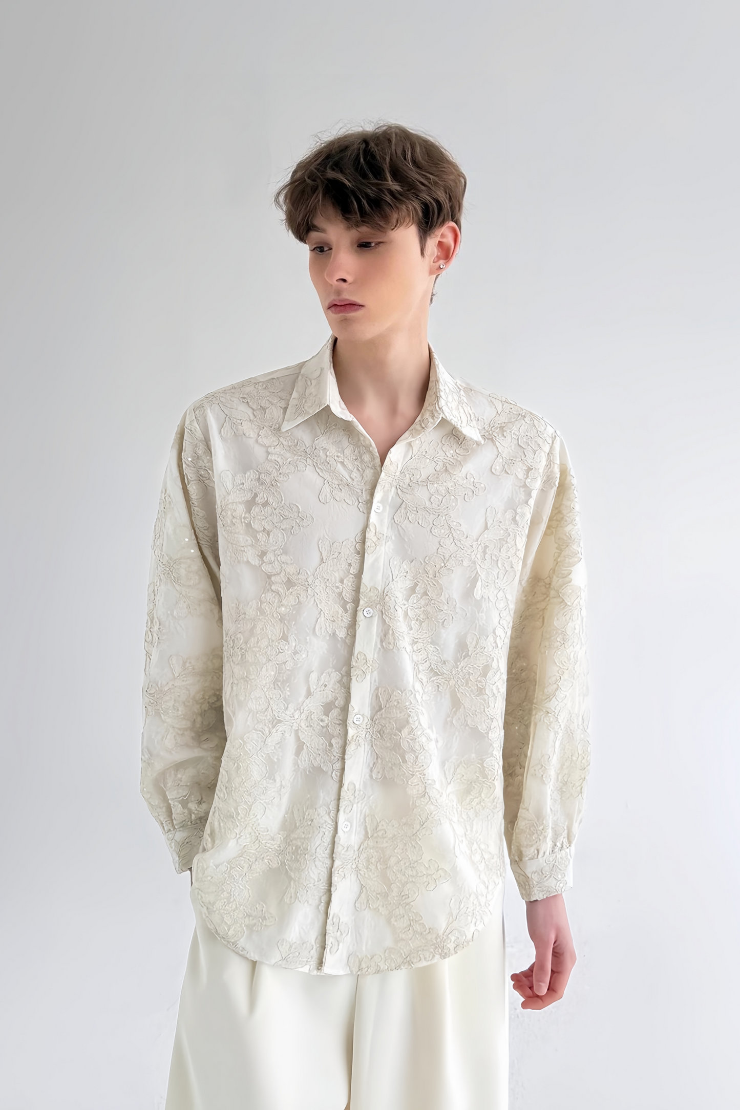 Bastien white double-layer floral-embroidered long sleeves shirt