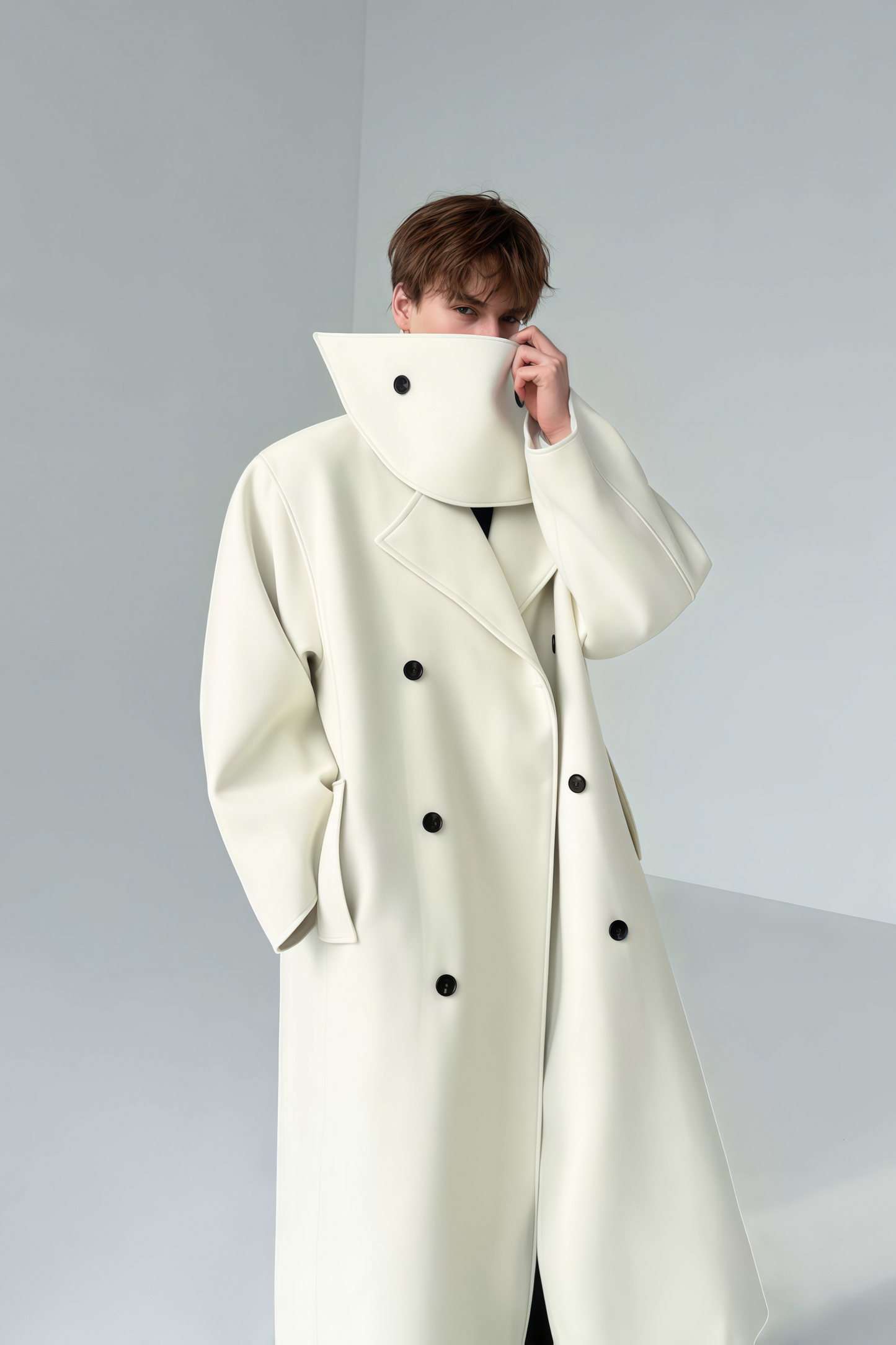 Eugene white detachable-scarf maxi coat