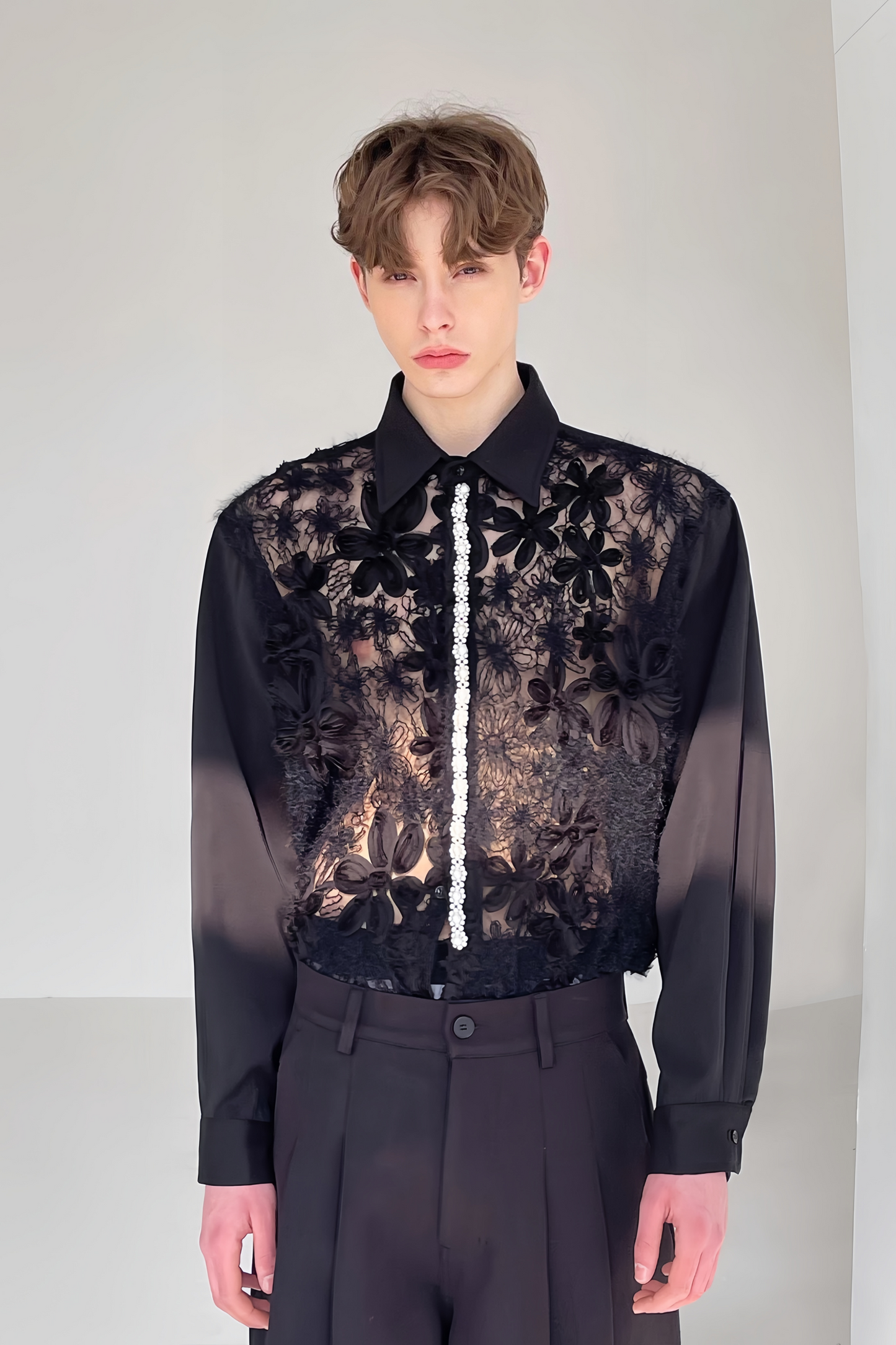 Eden black floral aux-pearl embellishment shirt