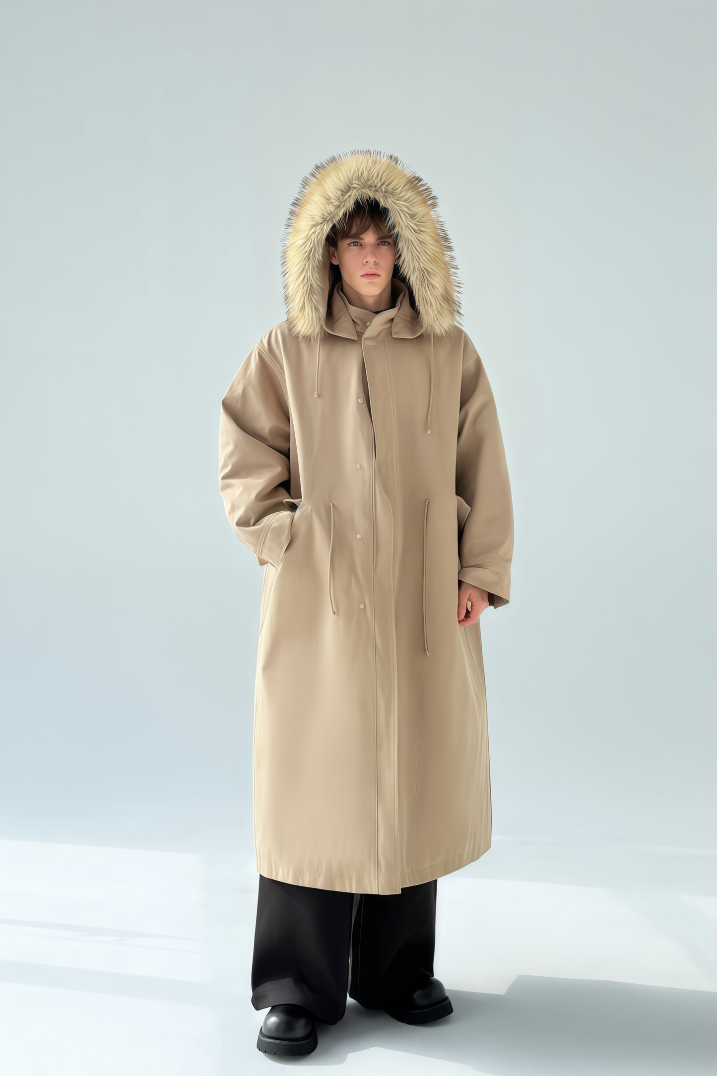 Armand khaki faux-fur trim maxi coat