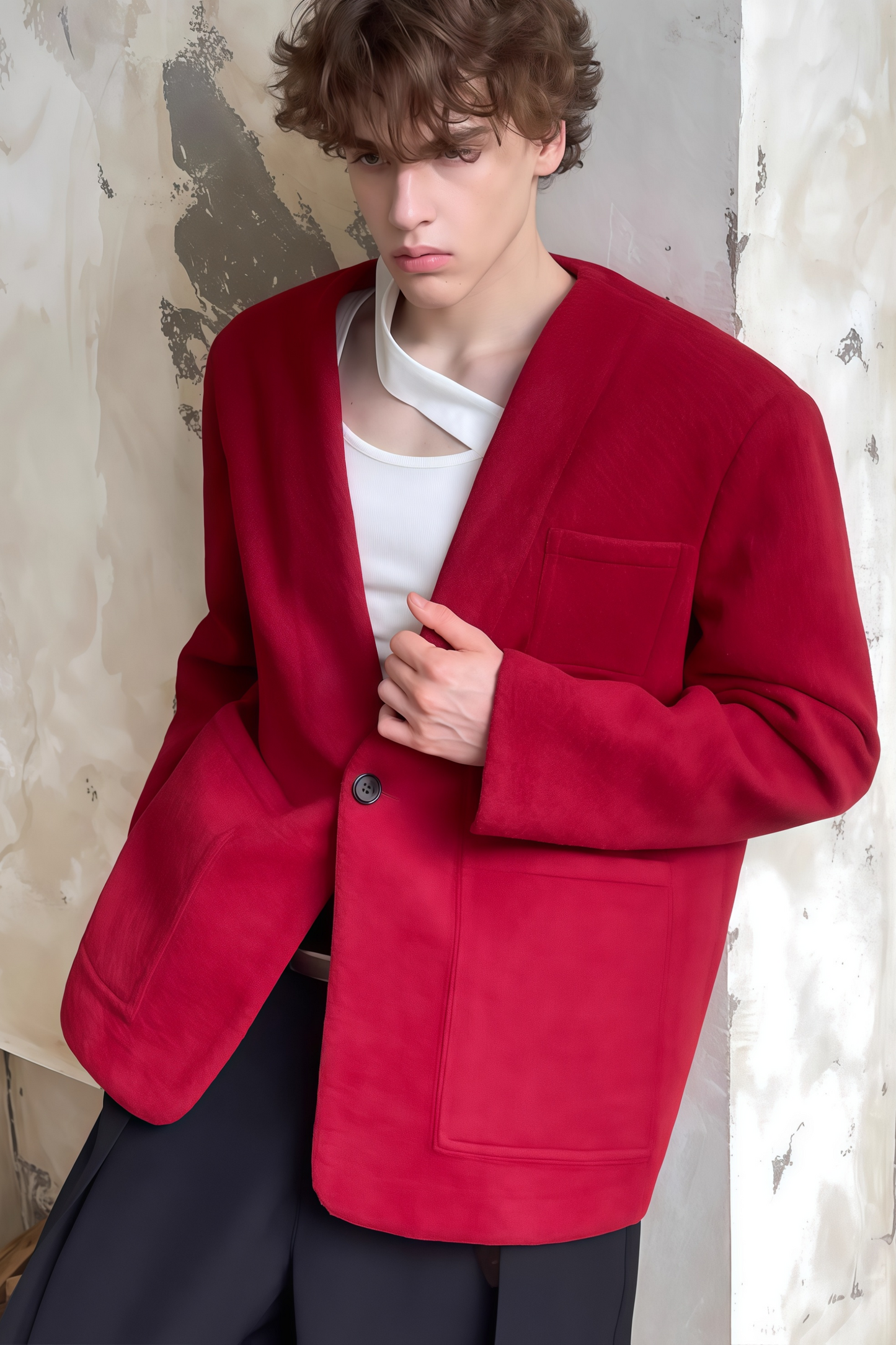 Vincent red collarless jacket