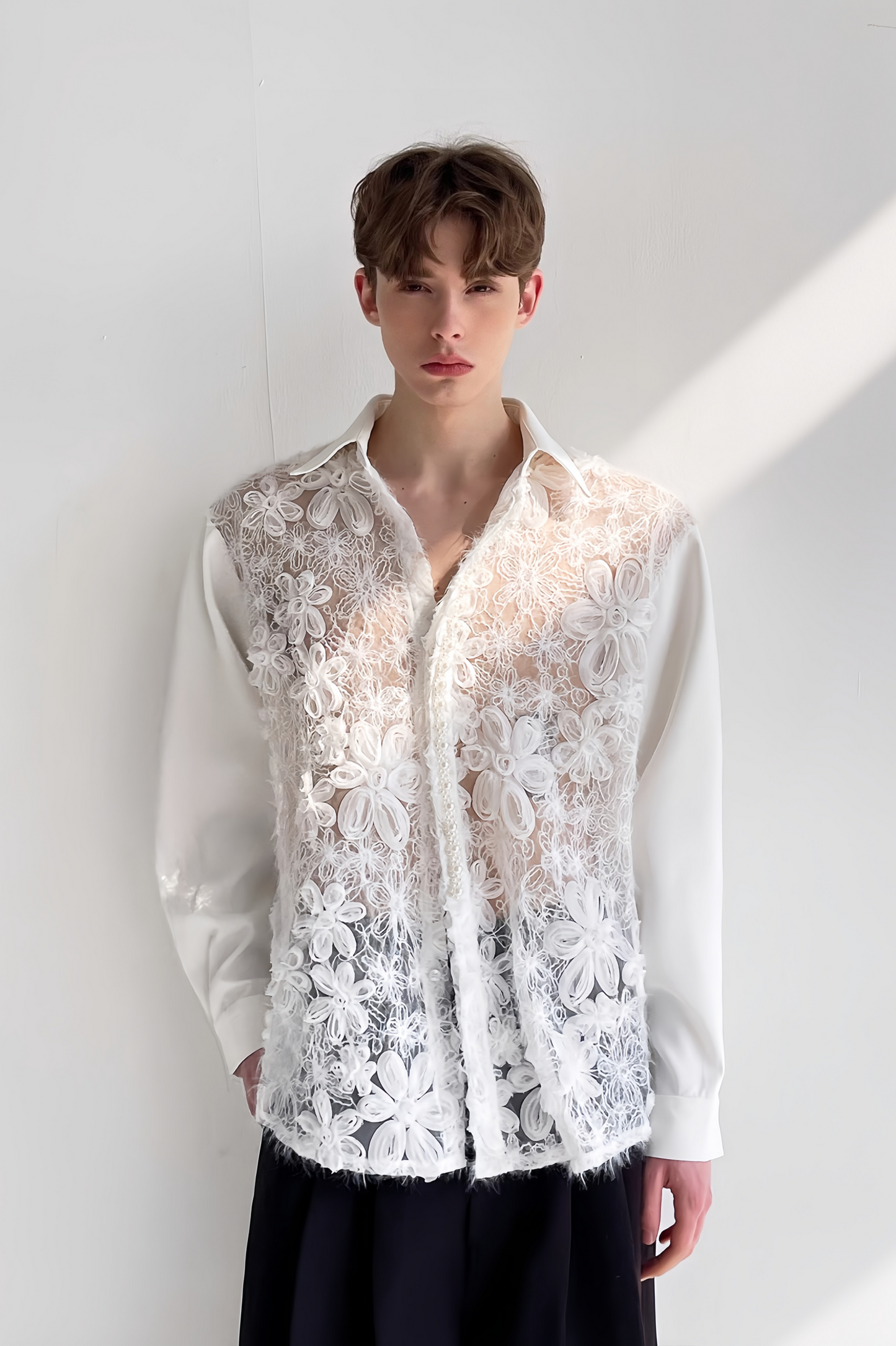 Eden white floral faux-pearl embellishment shirt
