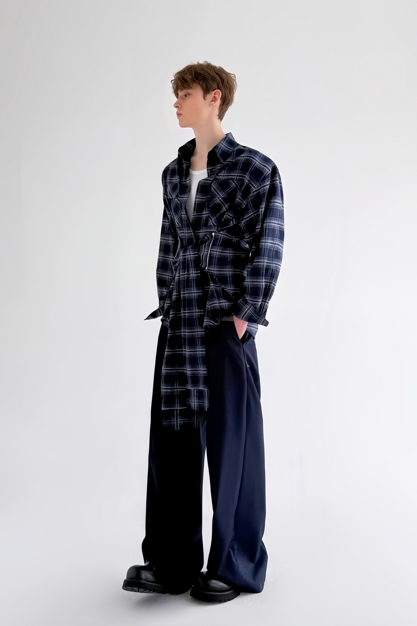 Maxime Blue Plaid-pattern Ribbon-design Shirt