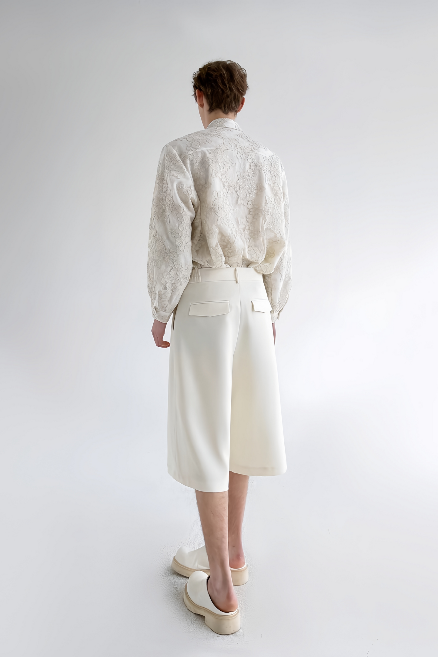 Bastien white double-layer floral-embroidered long sleeves shirt