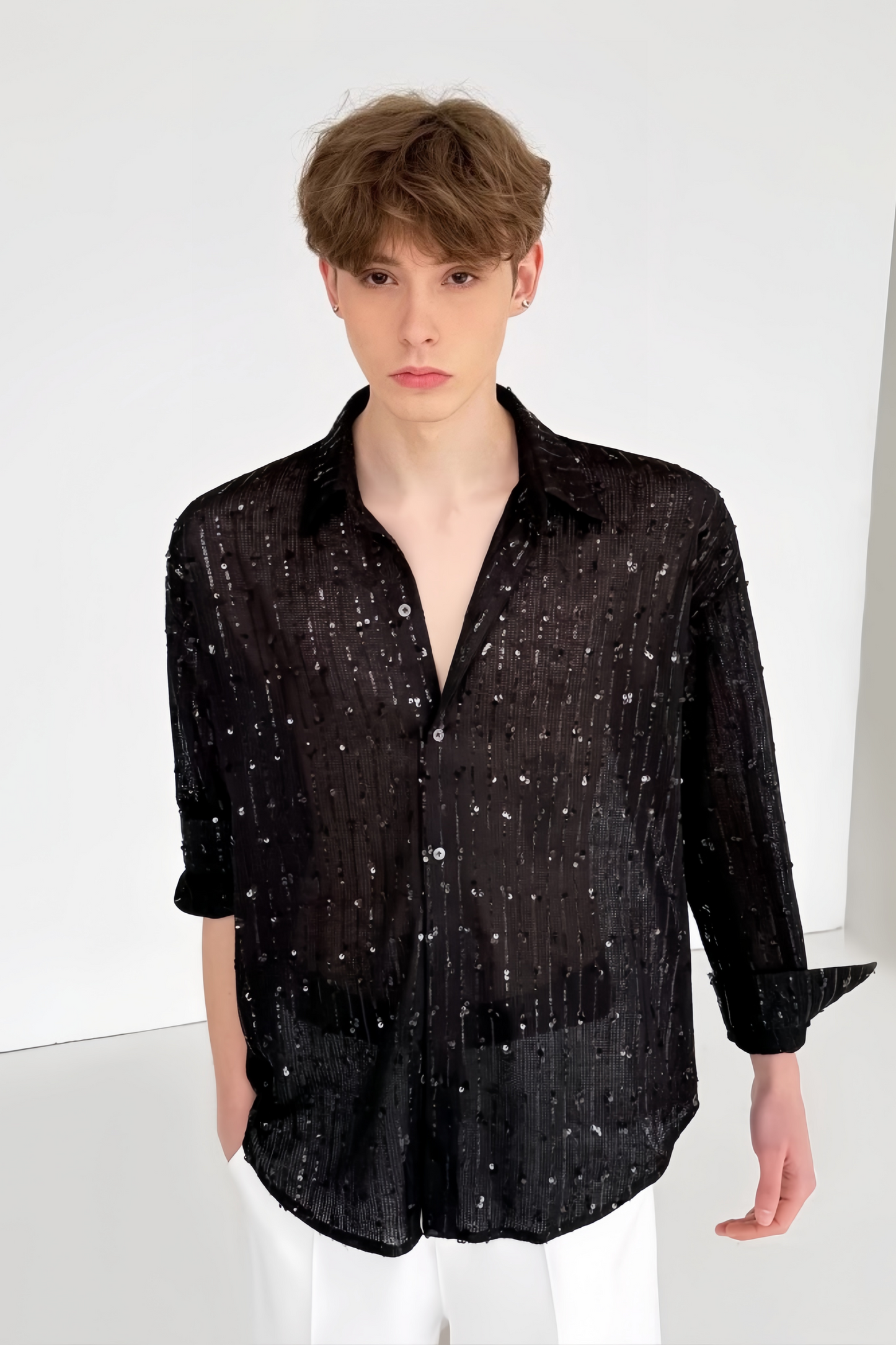 Youssef Black Sequin-embellishment Top & Shirt Suit