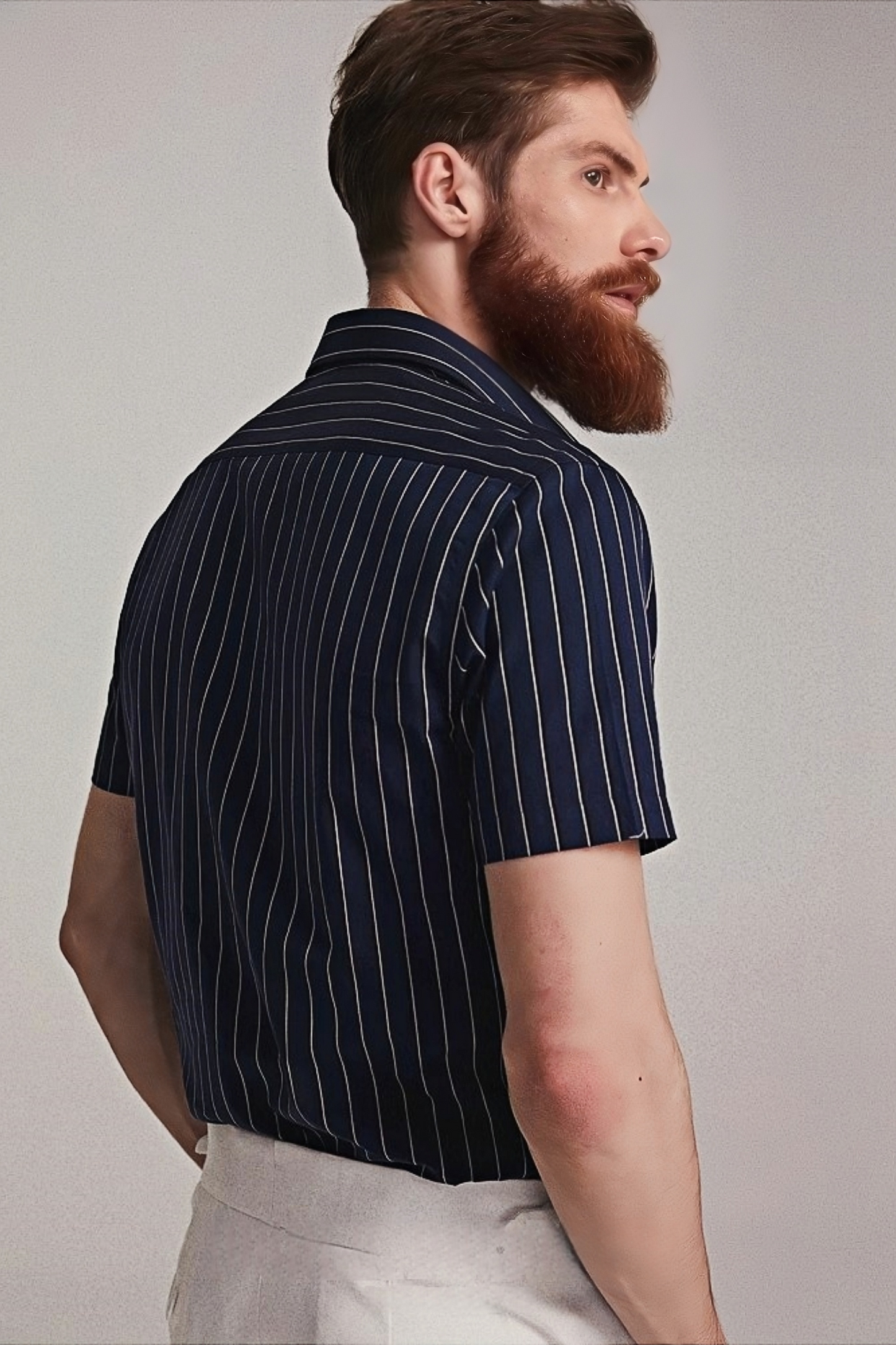 Fenrir navy blue stripe-pattern spread-collar shirt