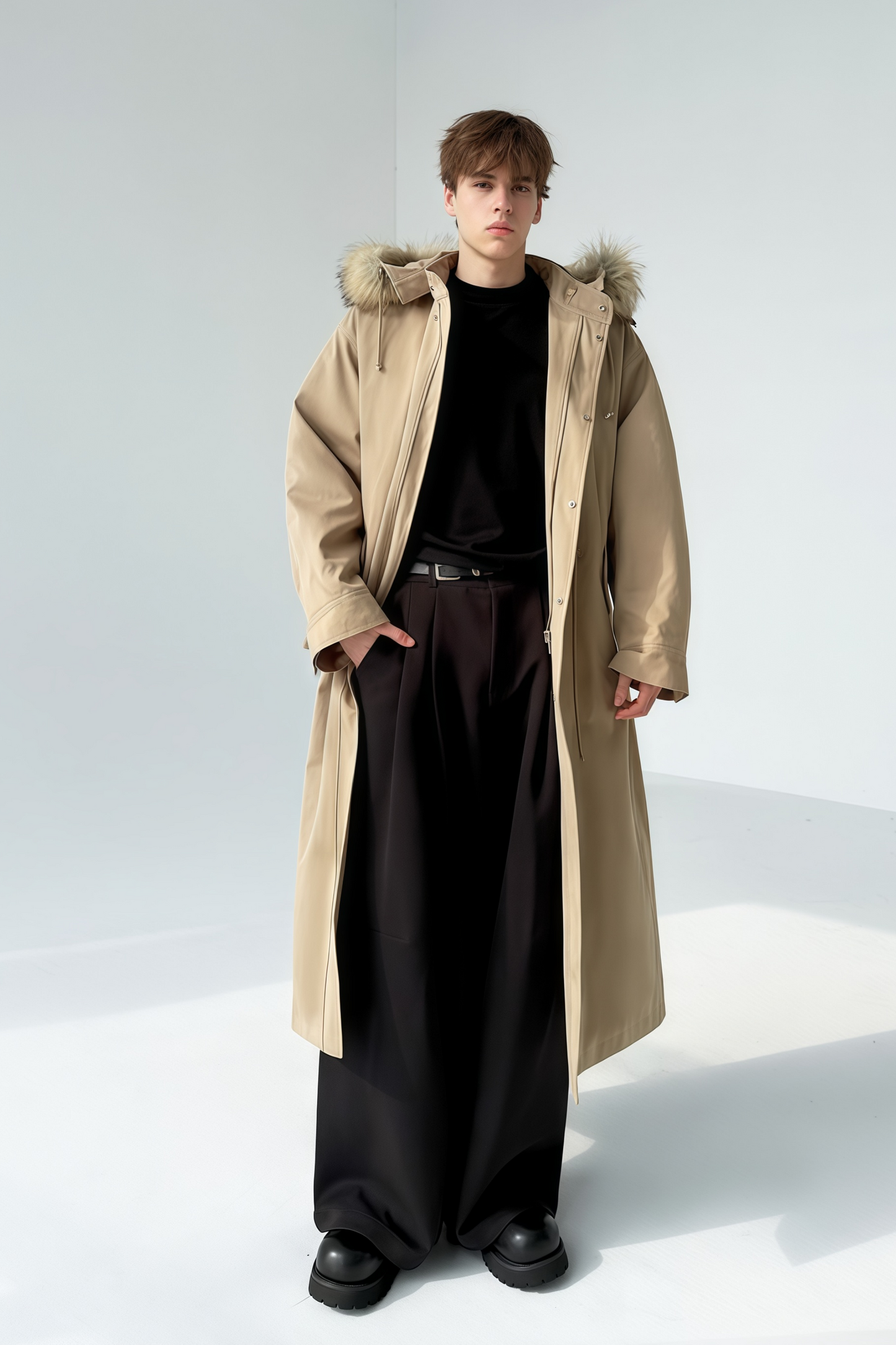 Armand khaki faux-fur trim maxi coat