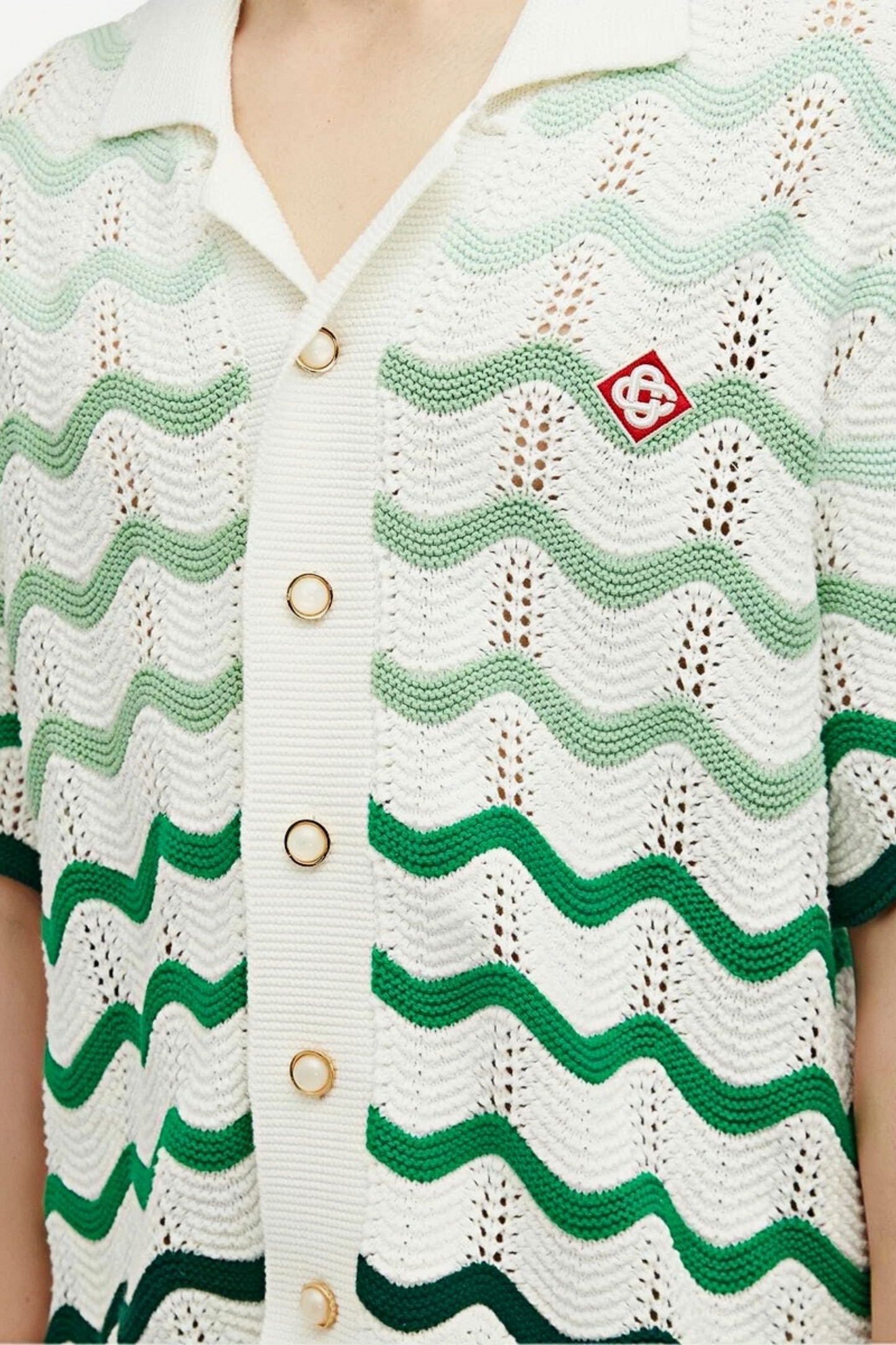 Mark green wave pattern knit short-sleeved cardigan