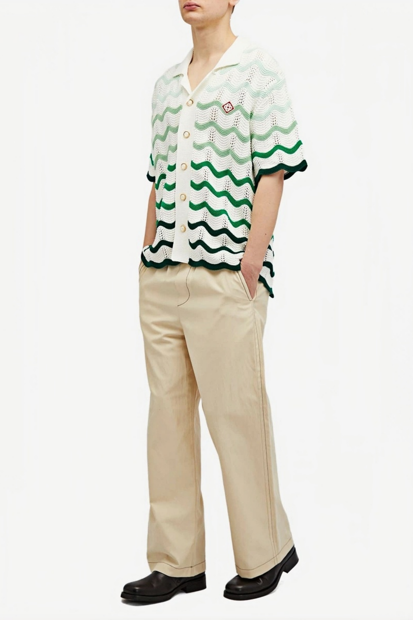 Mark green wave pattern knit short-sleeved cardigan