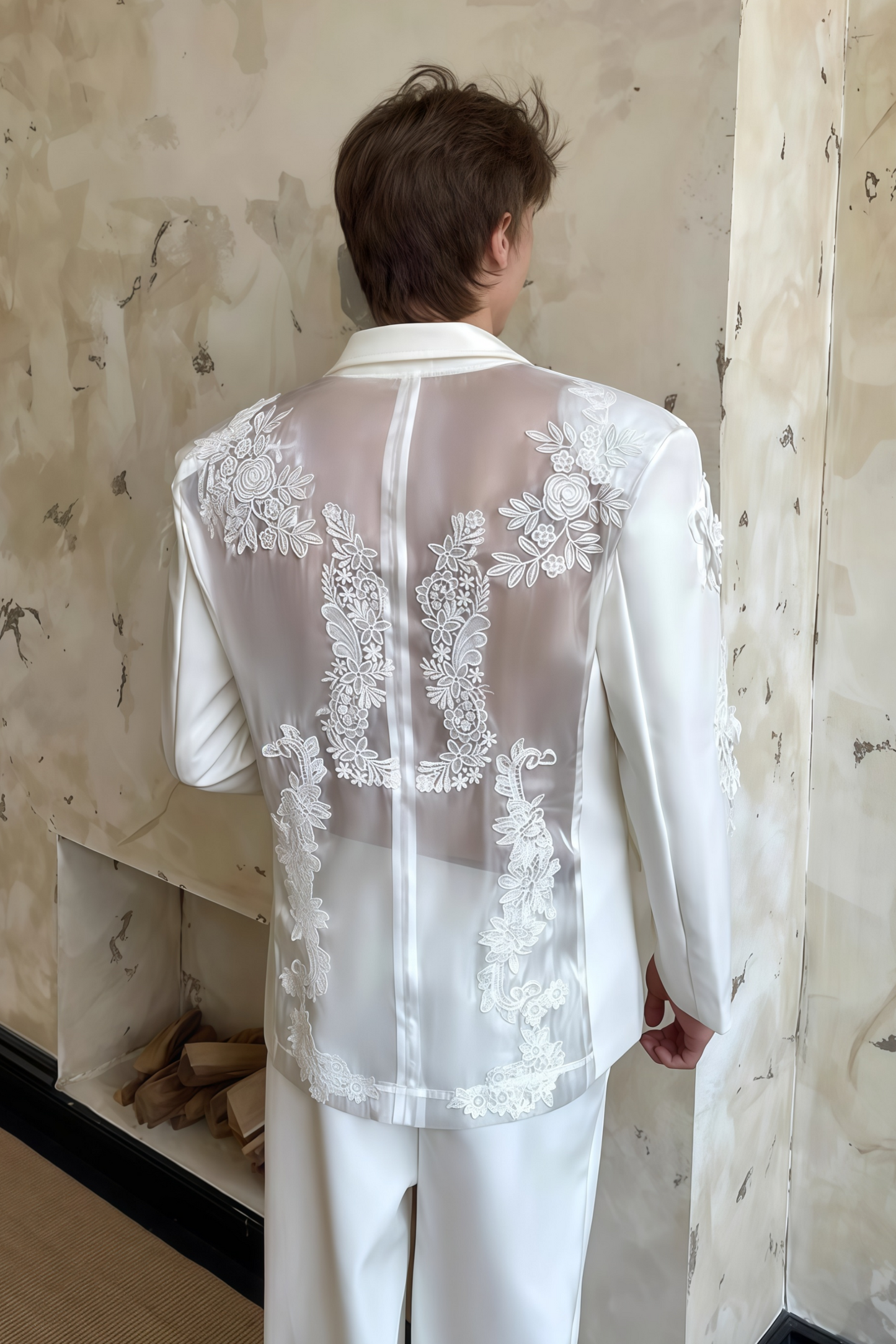 Jules white embroidery mesh suit