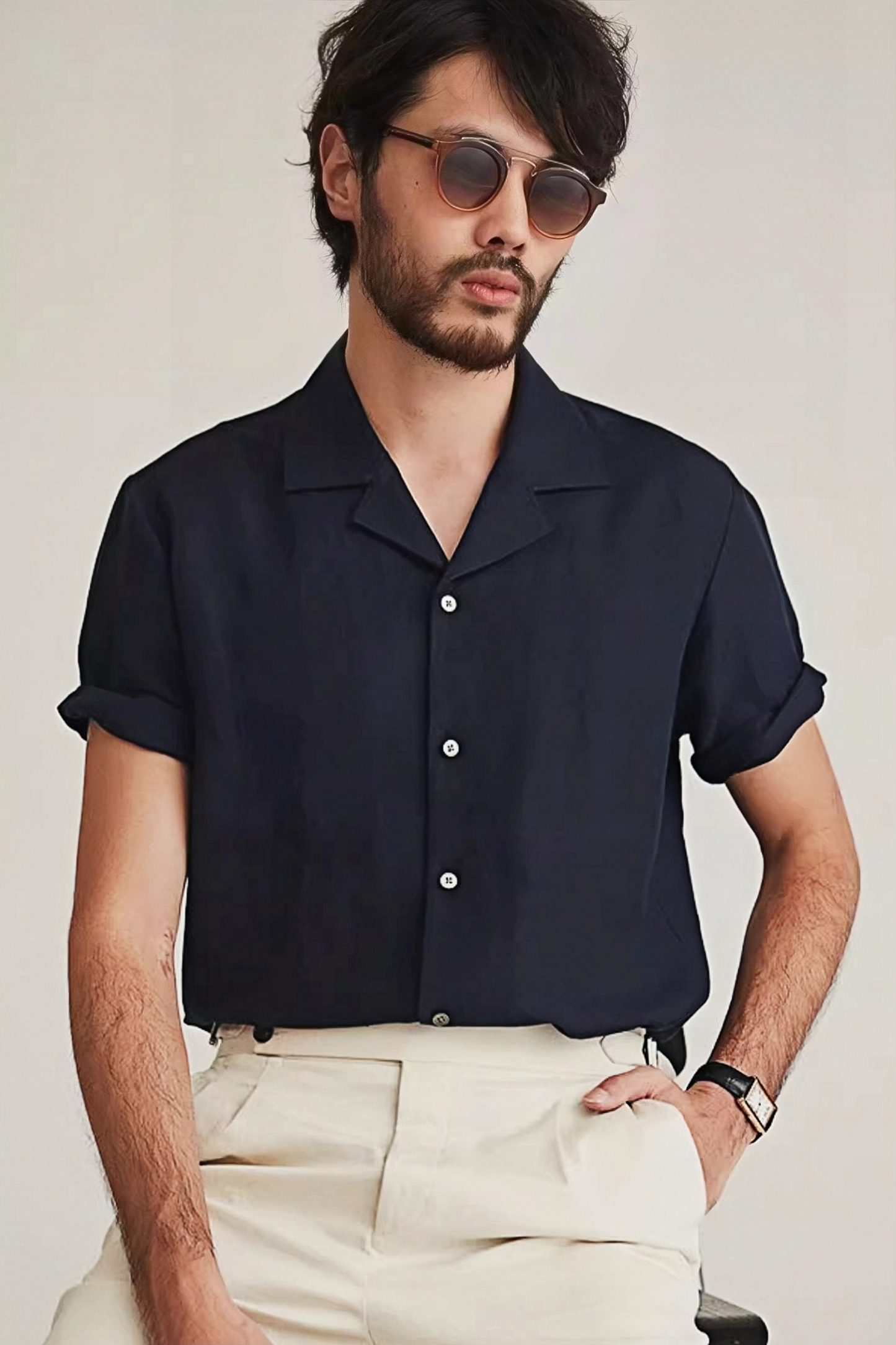 Gaspard navy-blue camp-collar shirt