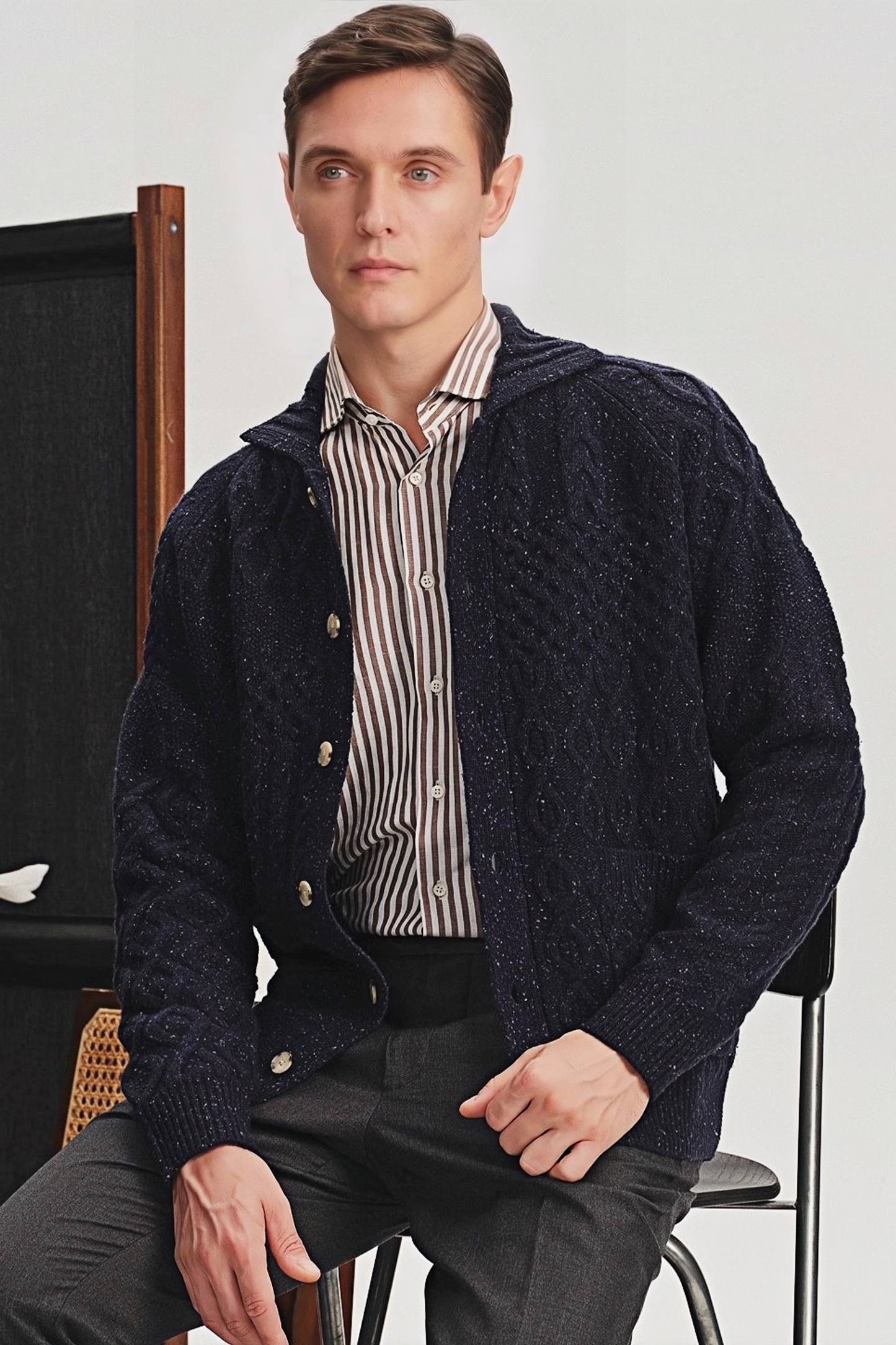 Clarence navy-blue cabled cardigan