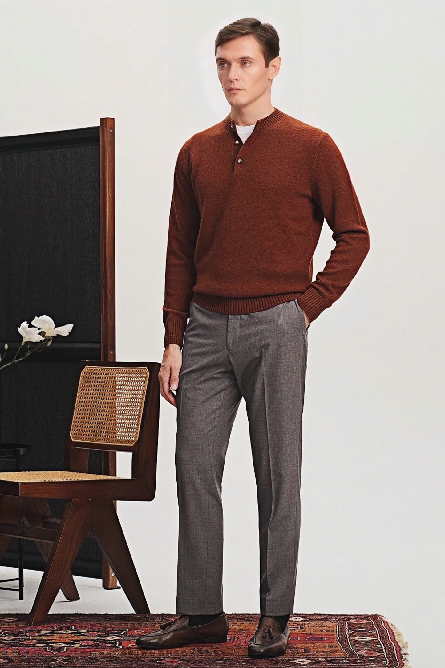Yves brown Henley-collar jumper