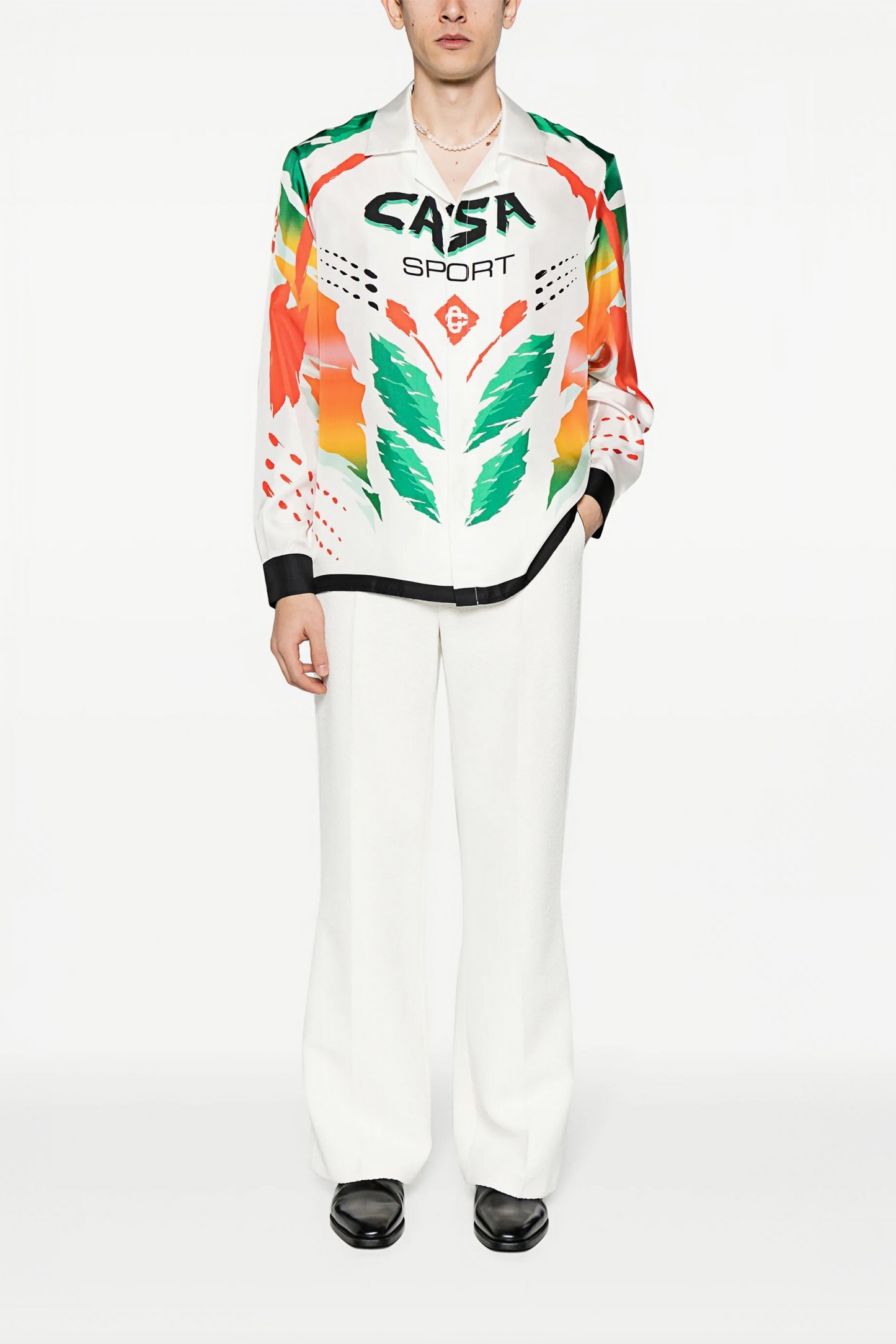 Timothée white sporty feather print long-sleeve shirt