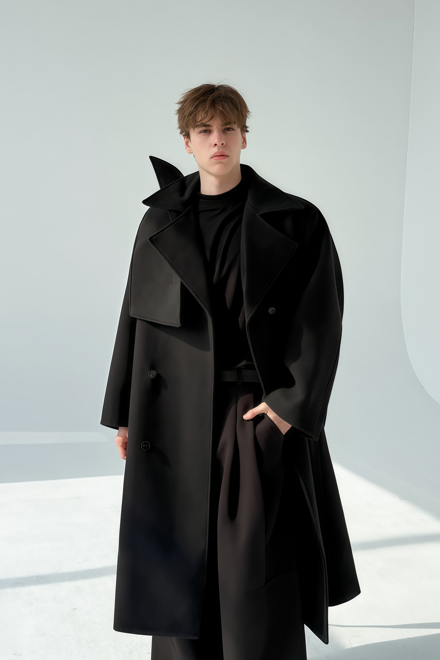 Eugene black detachable-scarf maxi coat