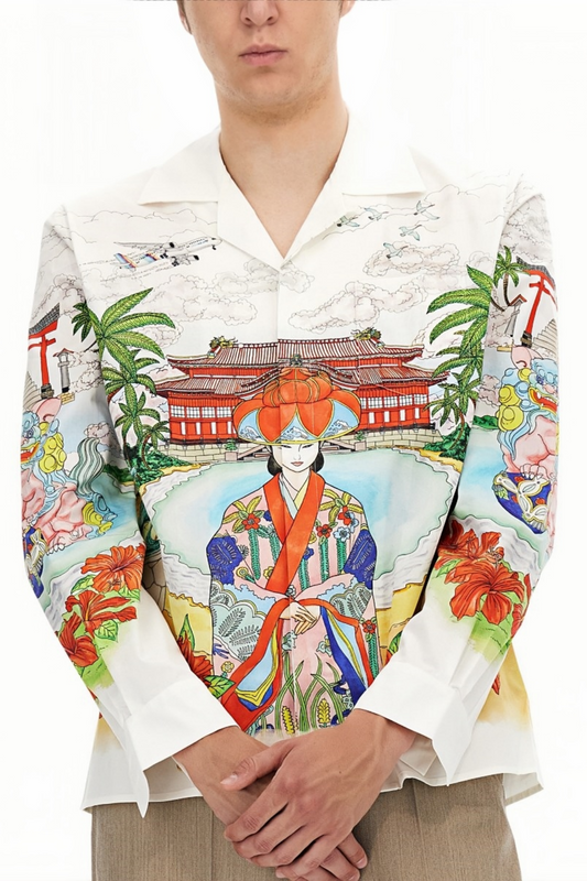 Ulysses white oriental print long-sleeve shirt