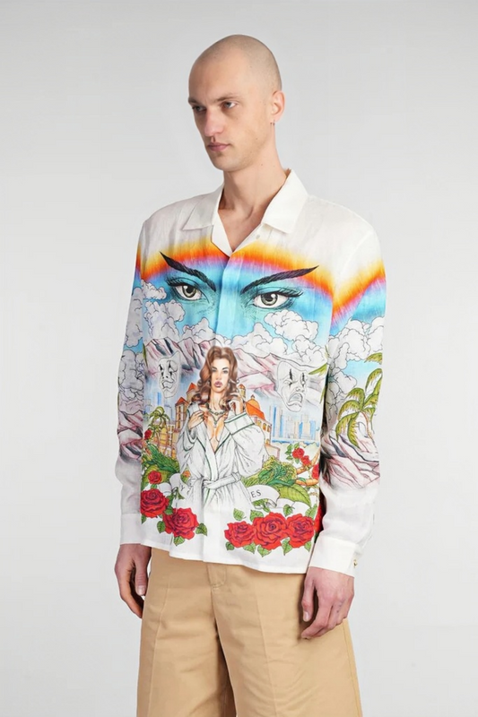 Steve white graphic print button up shirt